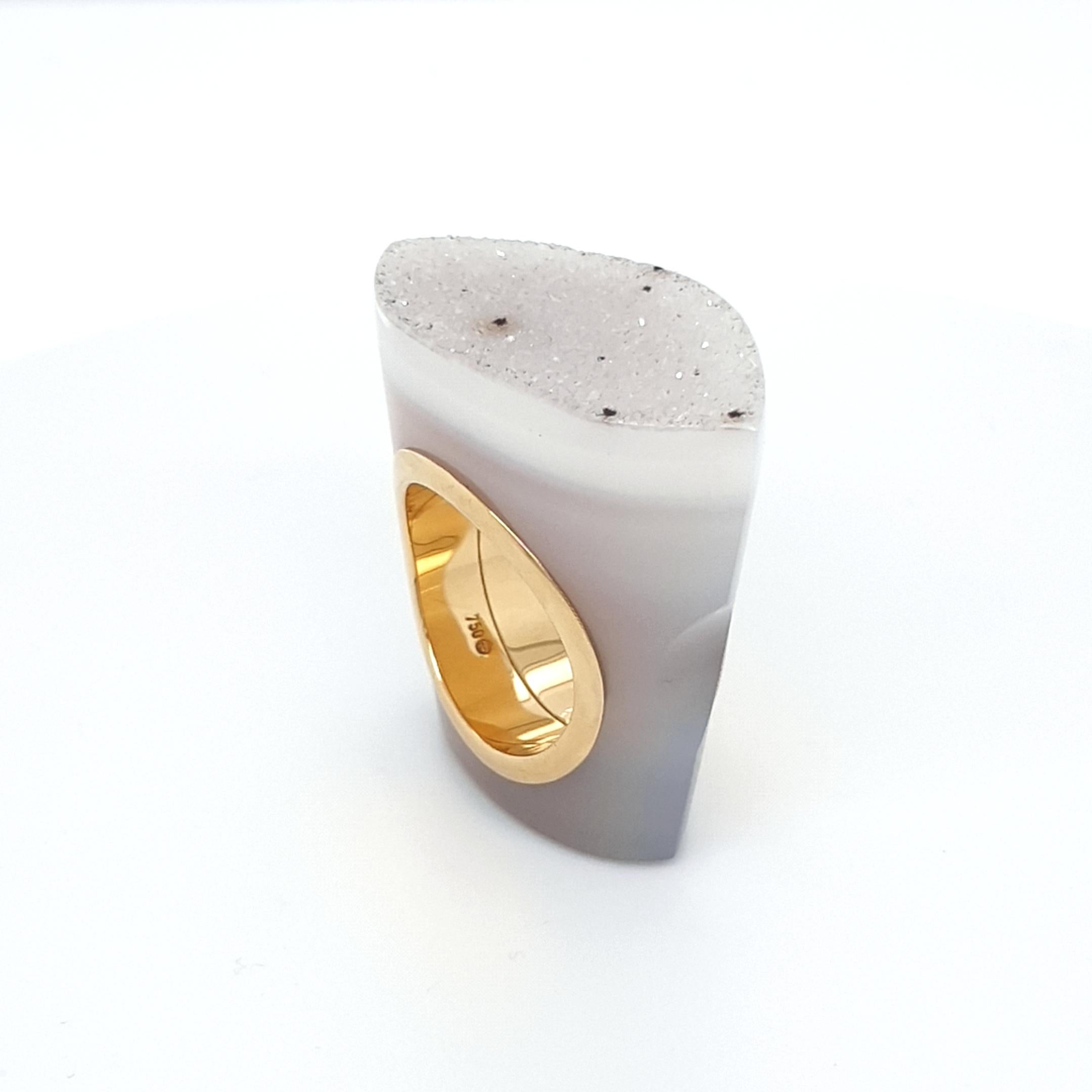 Marquise Cut Crystalized Drusy Agate Ring with 18 Carat Yellow Gold For Sale