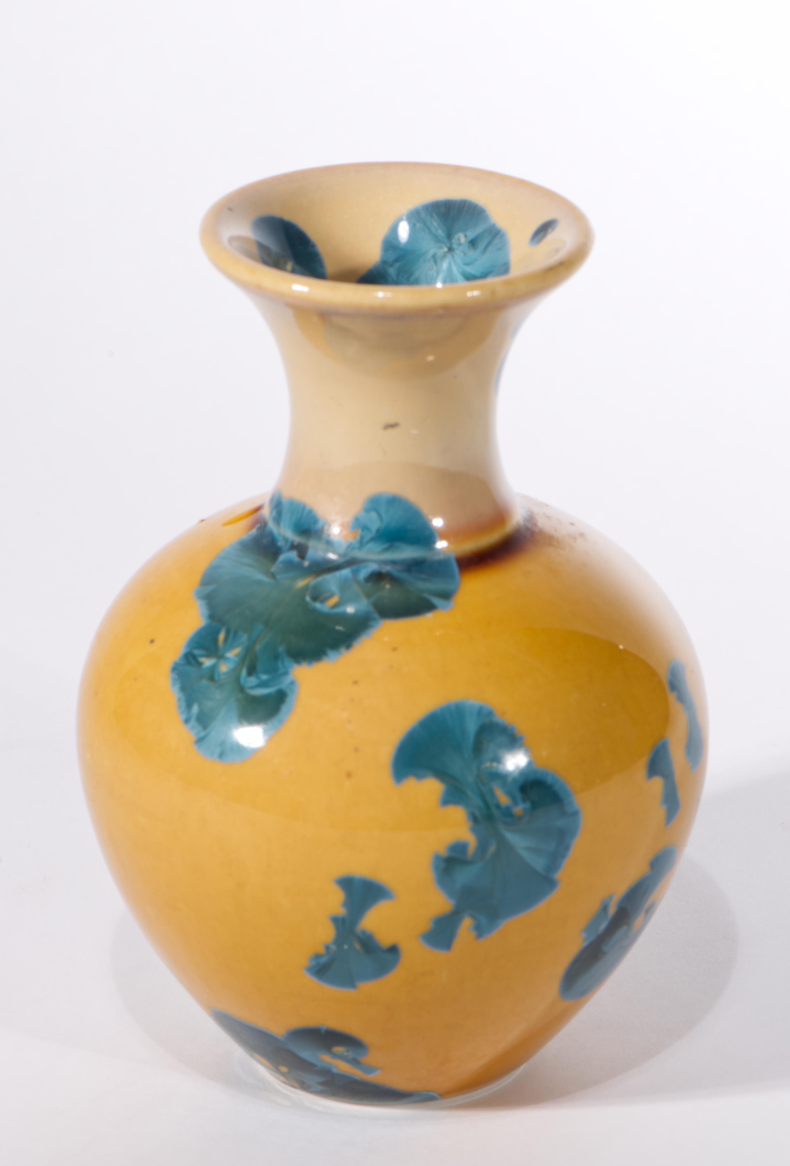 Glazed Crystalline Glaze Bud Vase Blue & Yellow, American Art Studio Pottery For Sale