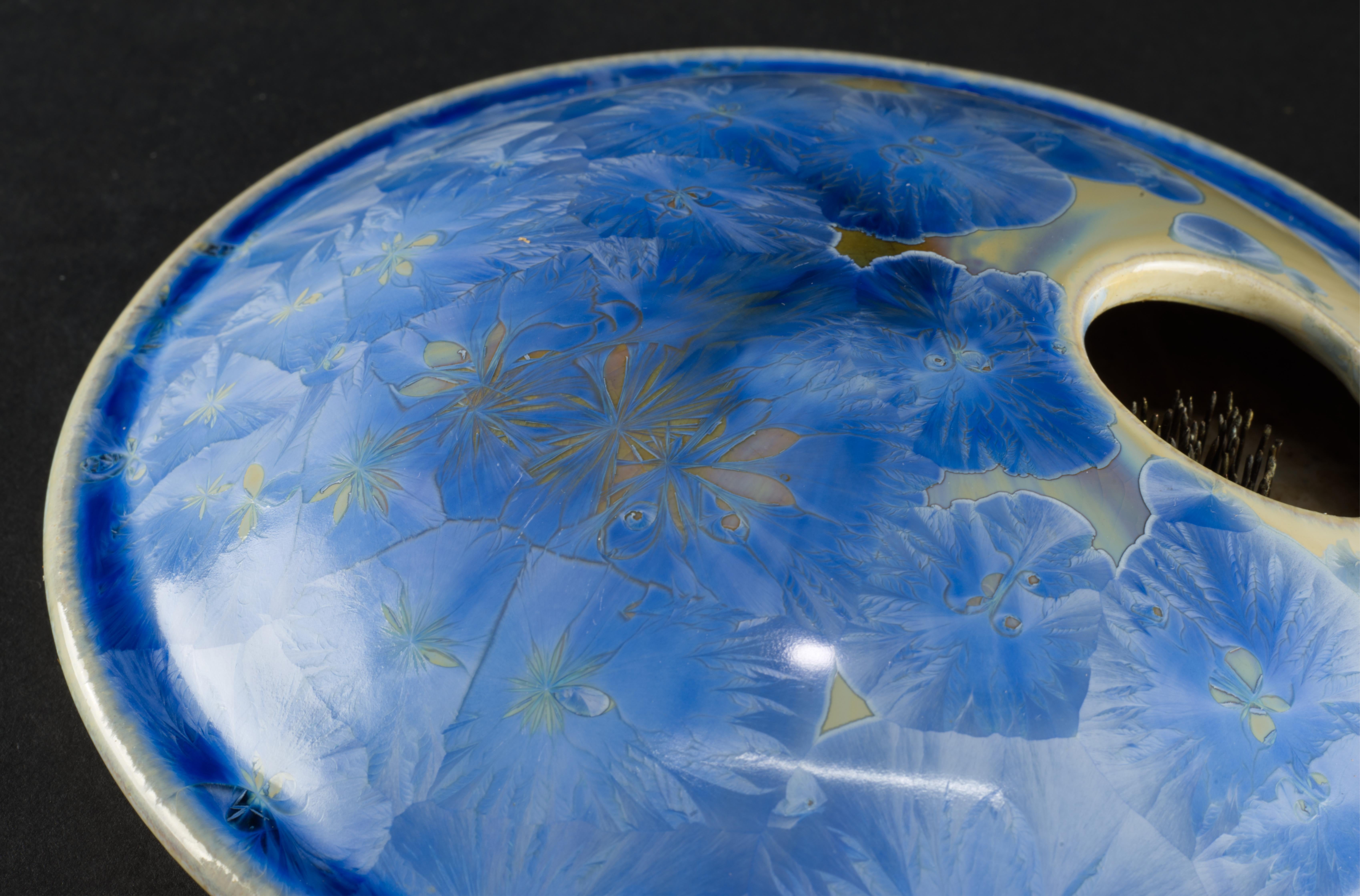 Crystalline Glaze Ceramic Ikebana Vase, Blue, American Studio Pottery, 2003 For Sale 4