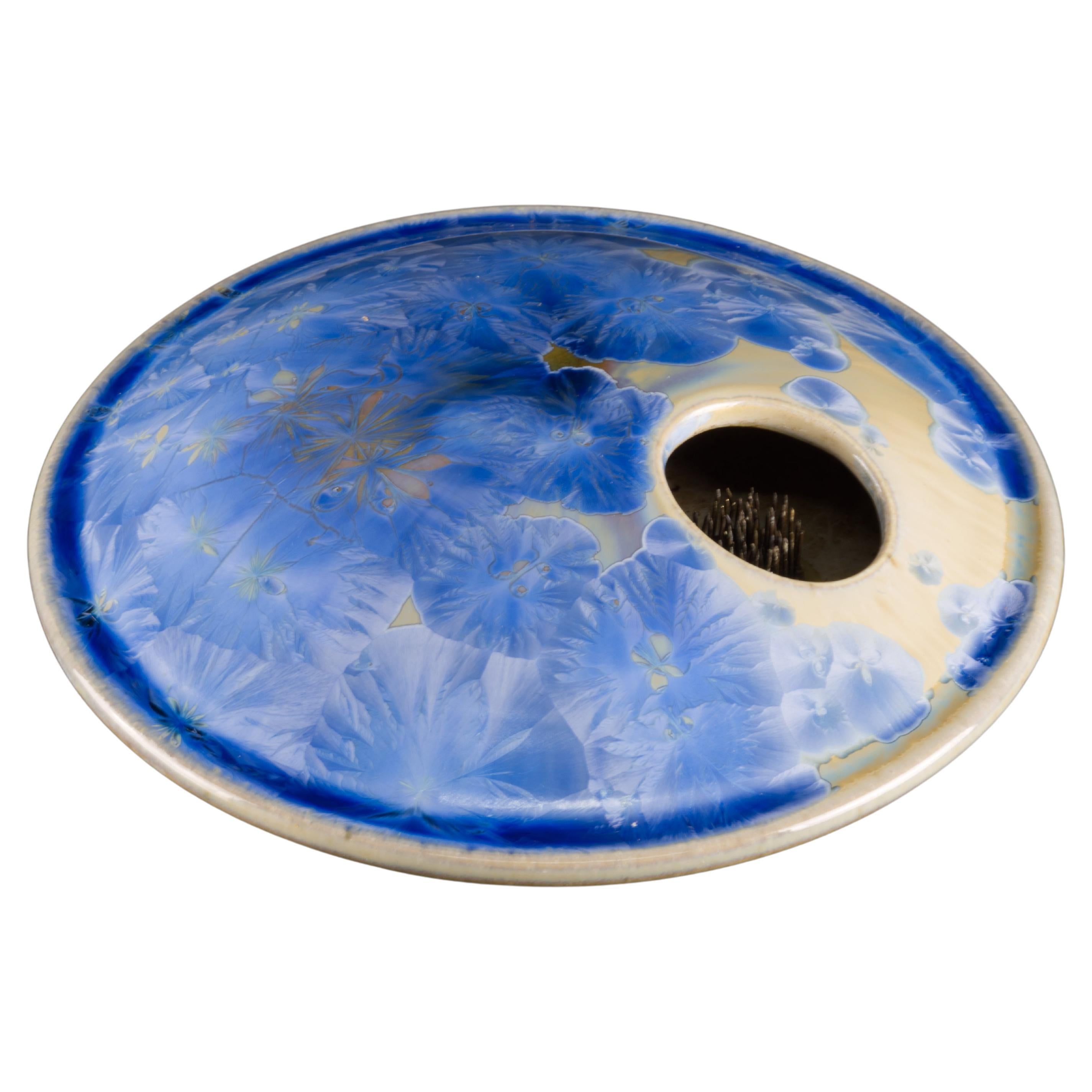 Crystalline Glaze Ceramic Ikebana Vase, Blue, American Studio Pottery, 2003 For Sale
