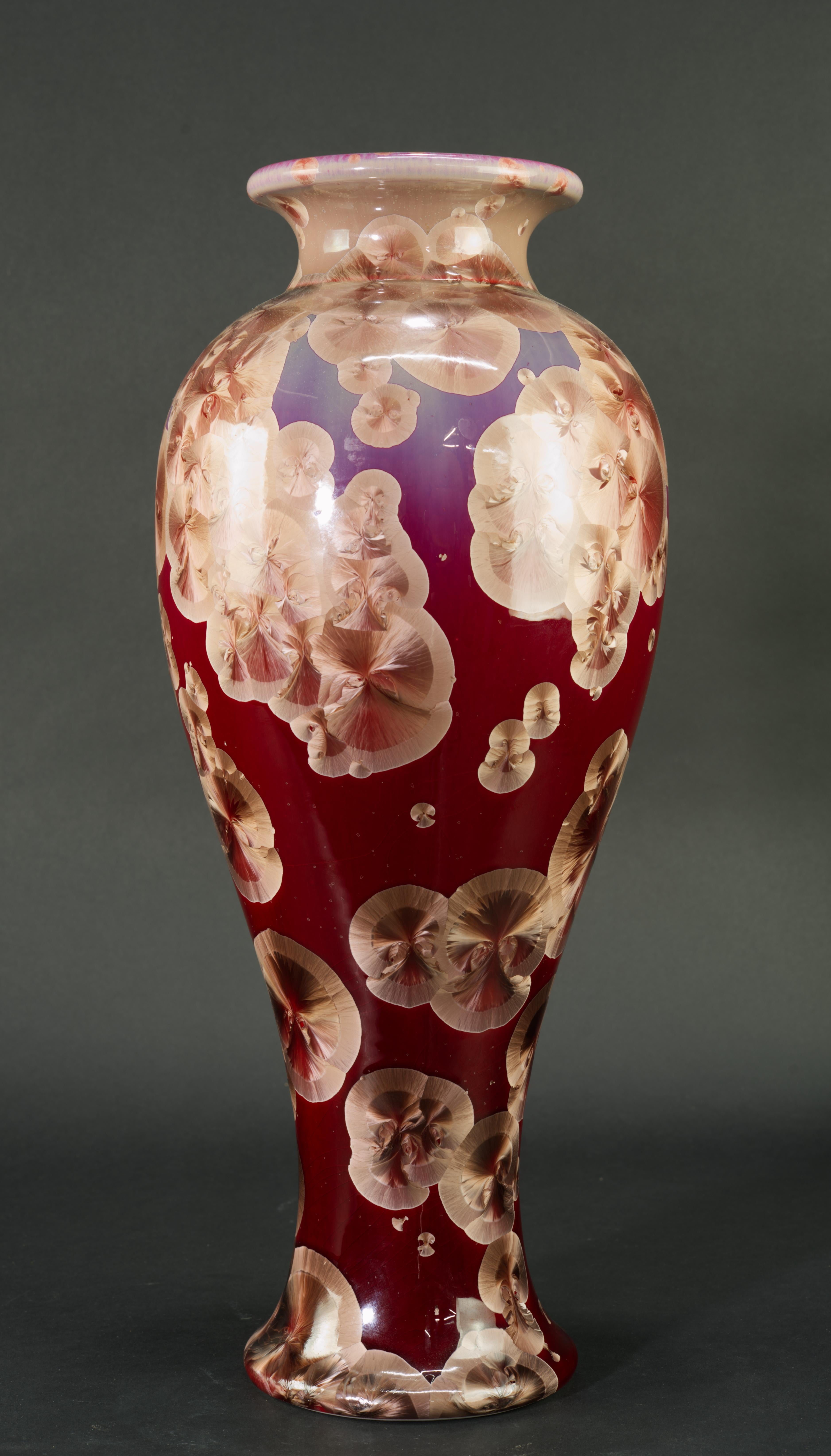 Mid-Century Modern Crystalline Glaze Ceramic Vase, Red and Beige, American Art Studio Pottery For Sale