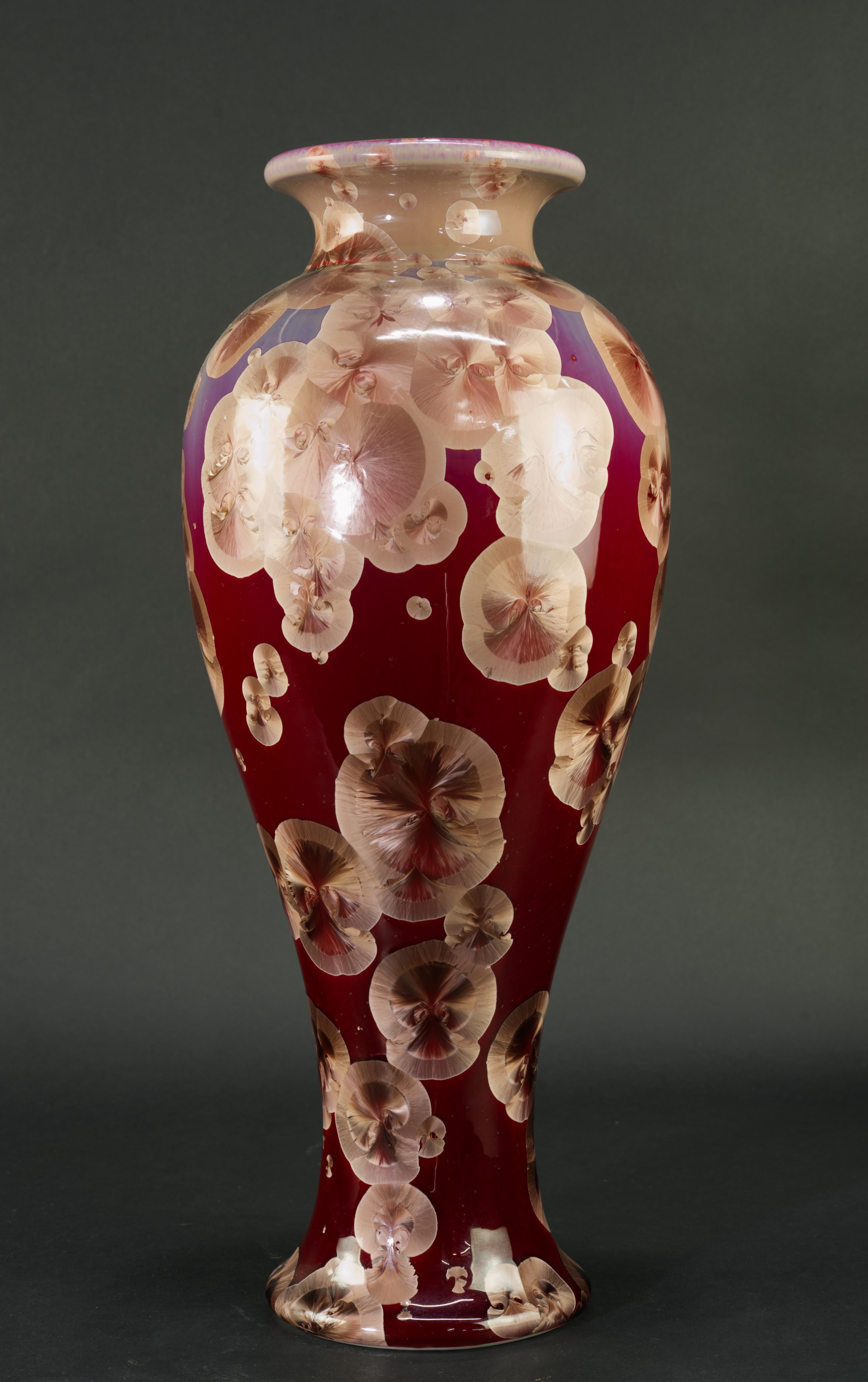 Glazed Crystalline Glaze Ceramic Vase, Red and Beige, American Art Studio Pottery For Sale