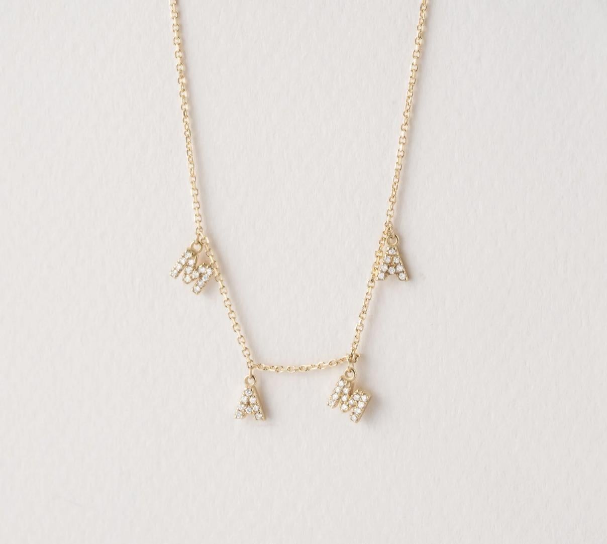MAMA Letter 14K Yellow Gold Diamond Necklace In New Condition For Sale In Los Angeles, CA