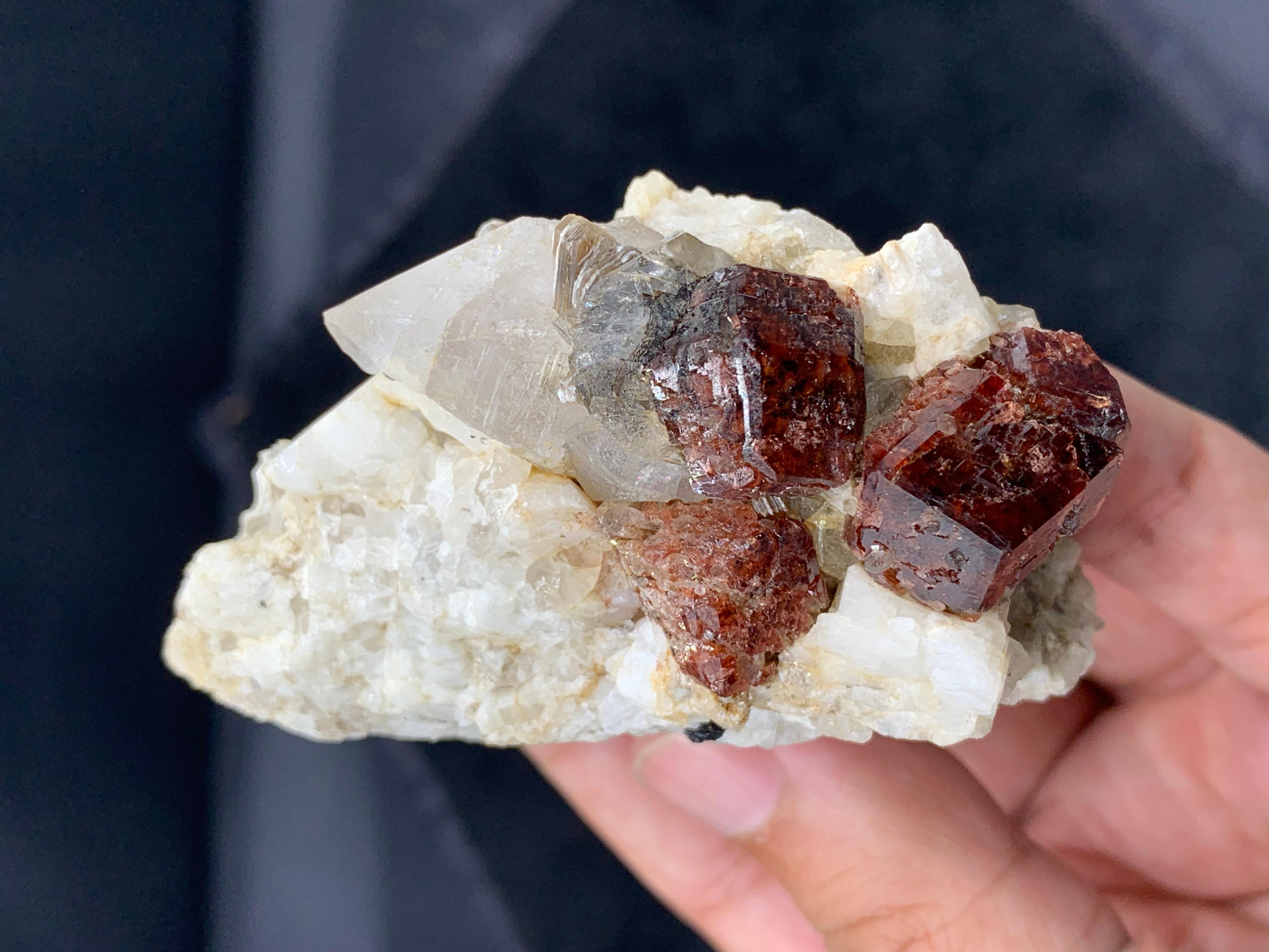 Adam Style Crystalline Trio Of Spessartite Garnet Crystals On Albite Matrix From Pakistan For Sale