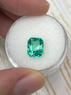 Crystalline Yellowish Green 2.26 Carat Emerald Cut Colombian Emerald Gem - May
