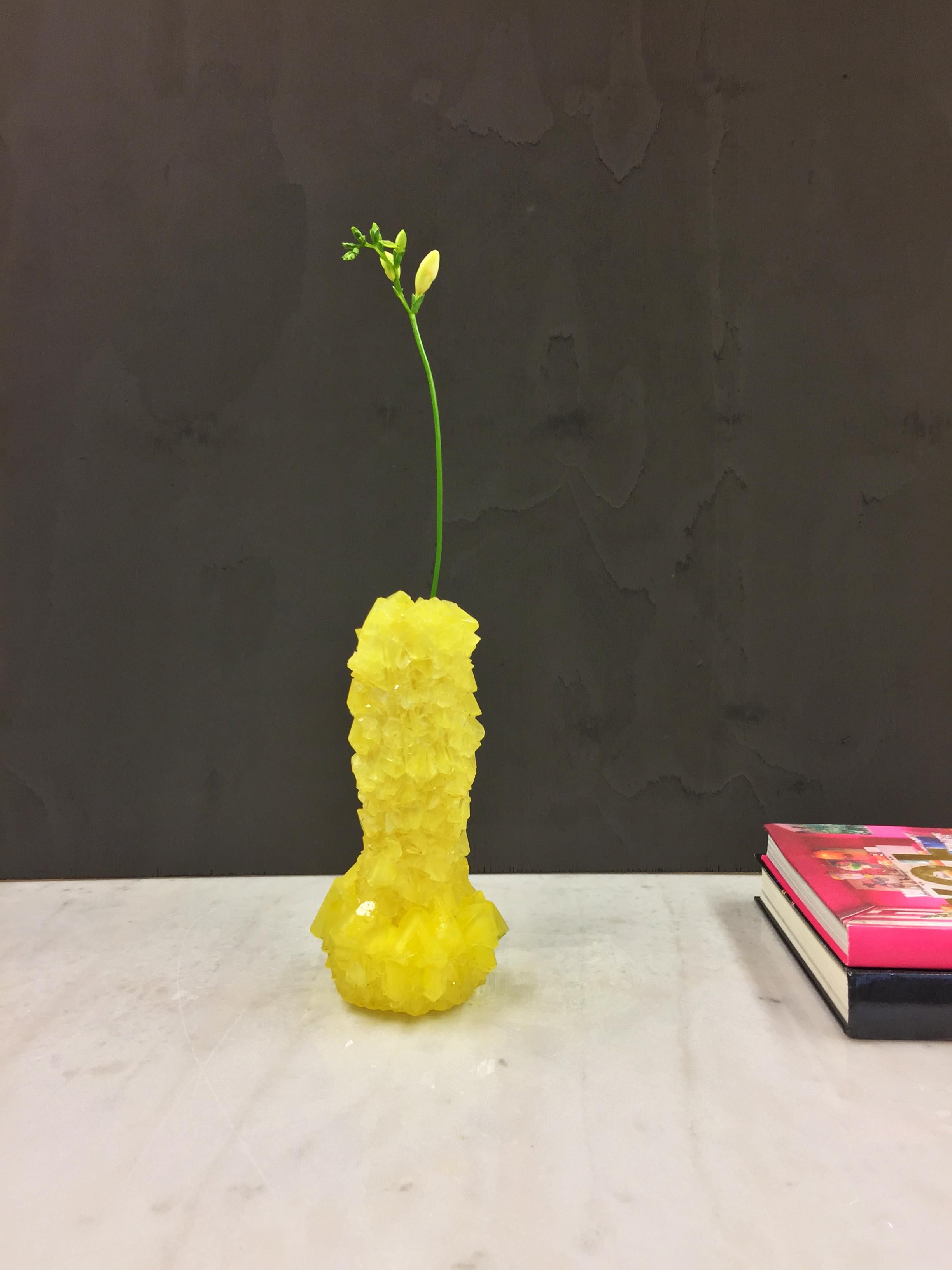 Belgian Crystallized Yellow Vase, Unique Vase by Isaac Monte