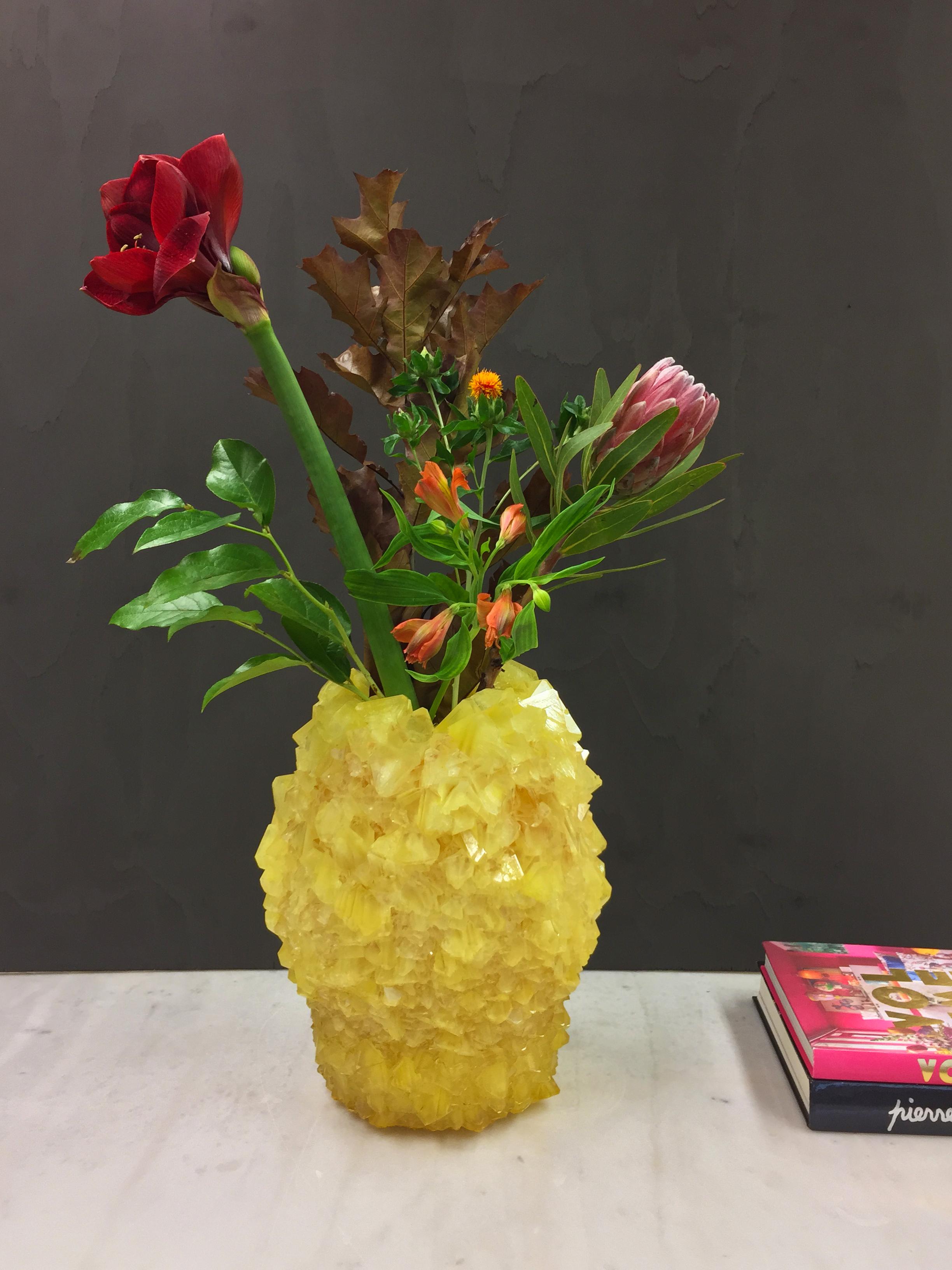 Crystallized Yellow Vase, Unique Vase by Isaac Monte In Excellent Condition In Geneve, CH
