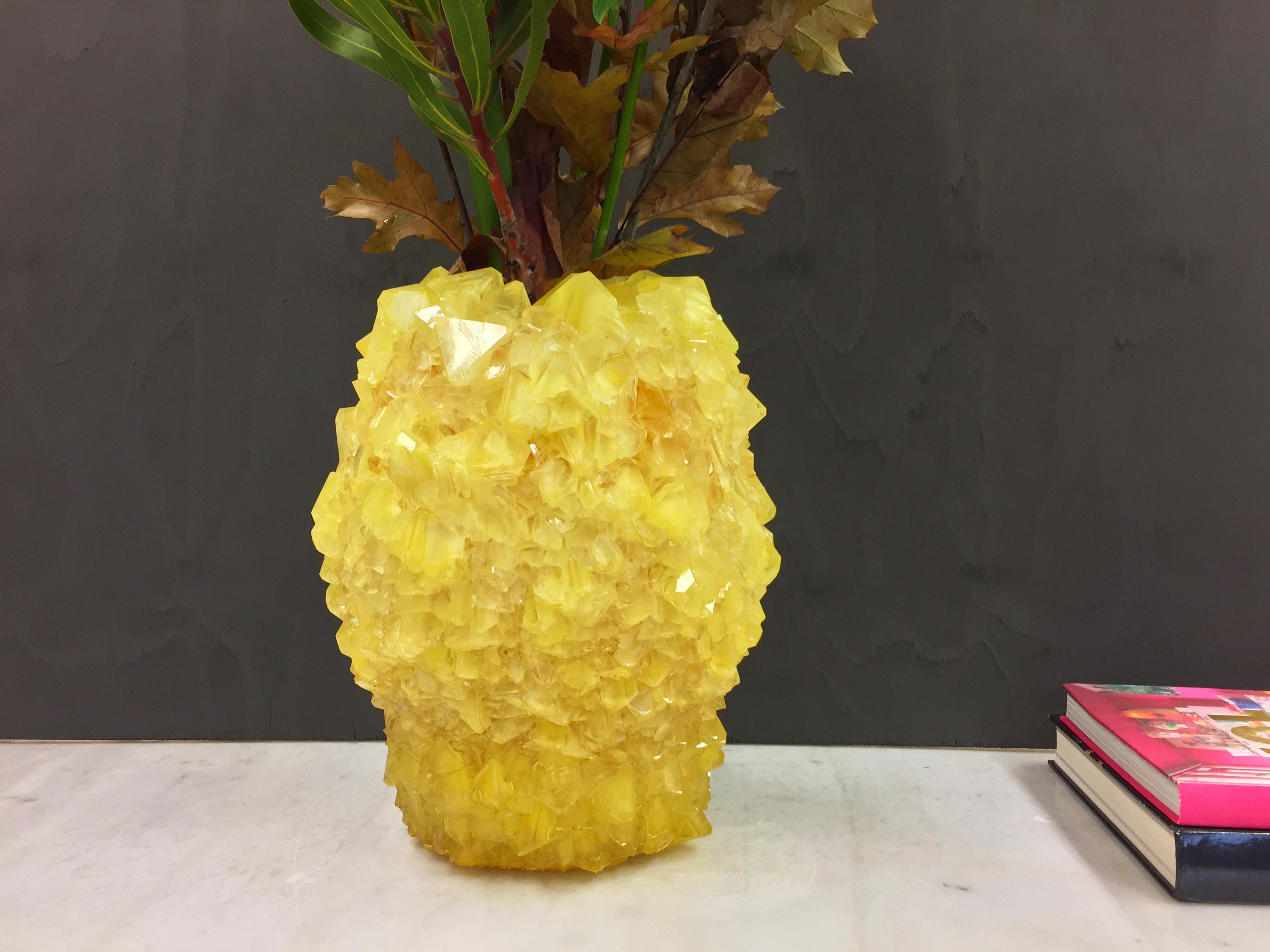 Contemporary Crystallized Yellow Vase, Unique Vase by Isaac Monte