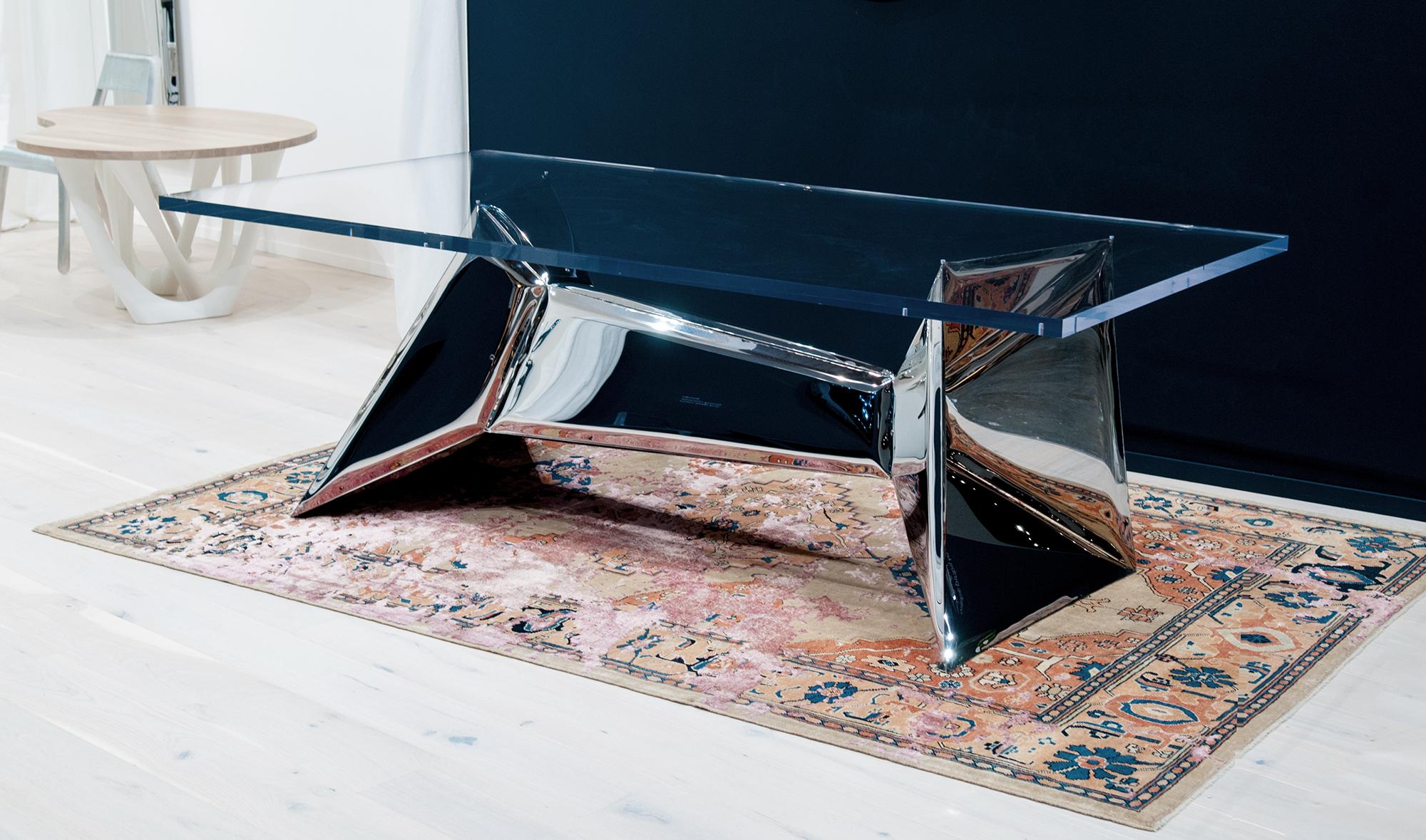 Crystals table by Zieta Prozessdesign
Stainless steel (polished) base
Acrylic top
Measures: 220 x 110 x 73cm

Crystals table is a brand new concept and evolution of the diamond inspired series of objects. The inner part of the Crystals table