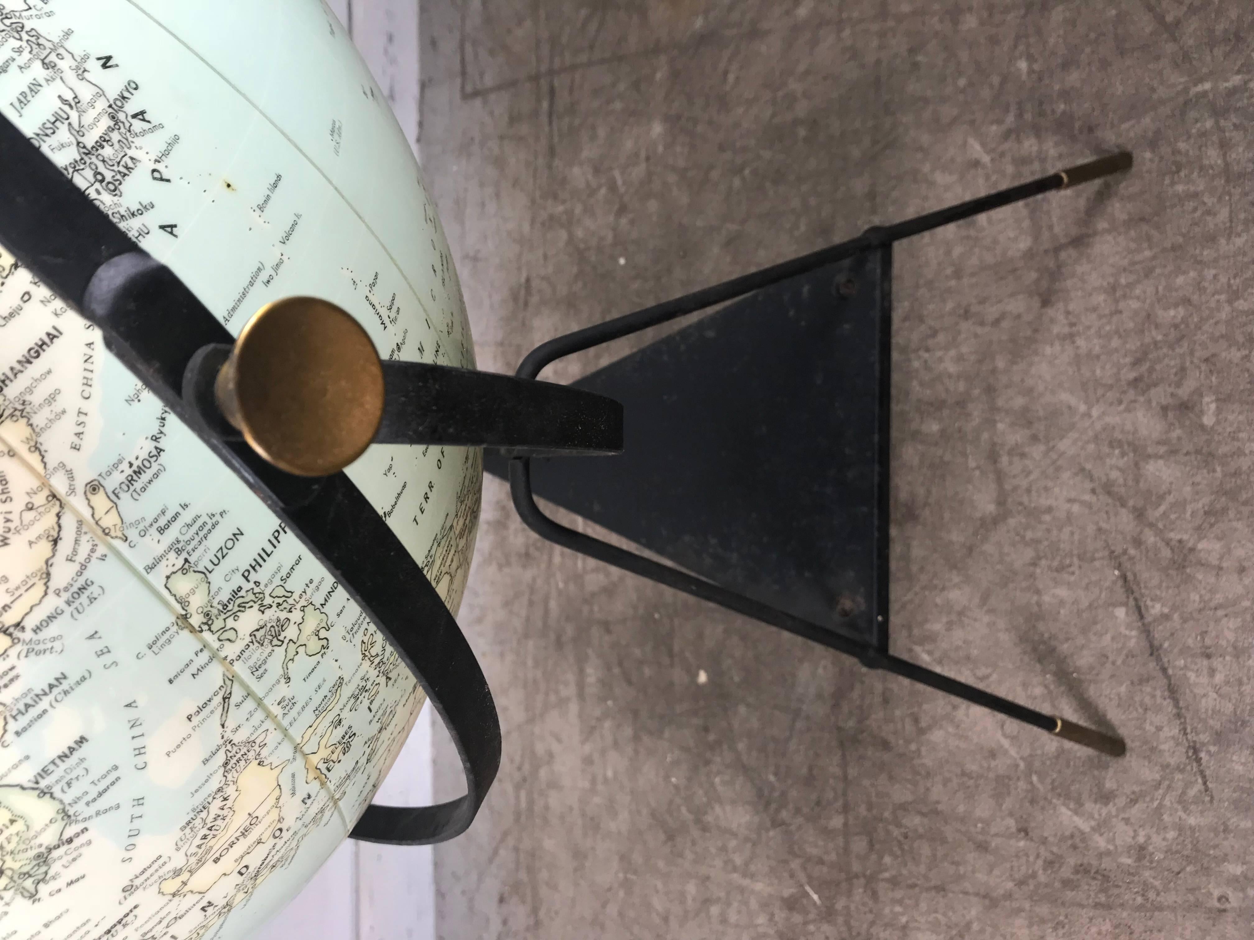 C.S. Hammond & Co. 1950s Inflatable Globe on Auböck Style Tripod Stand In Good Condition In Buffalo, NY