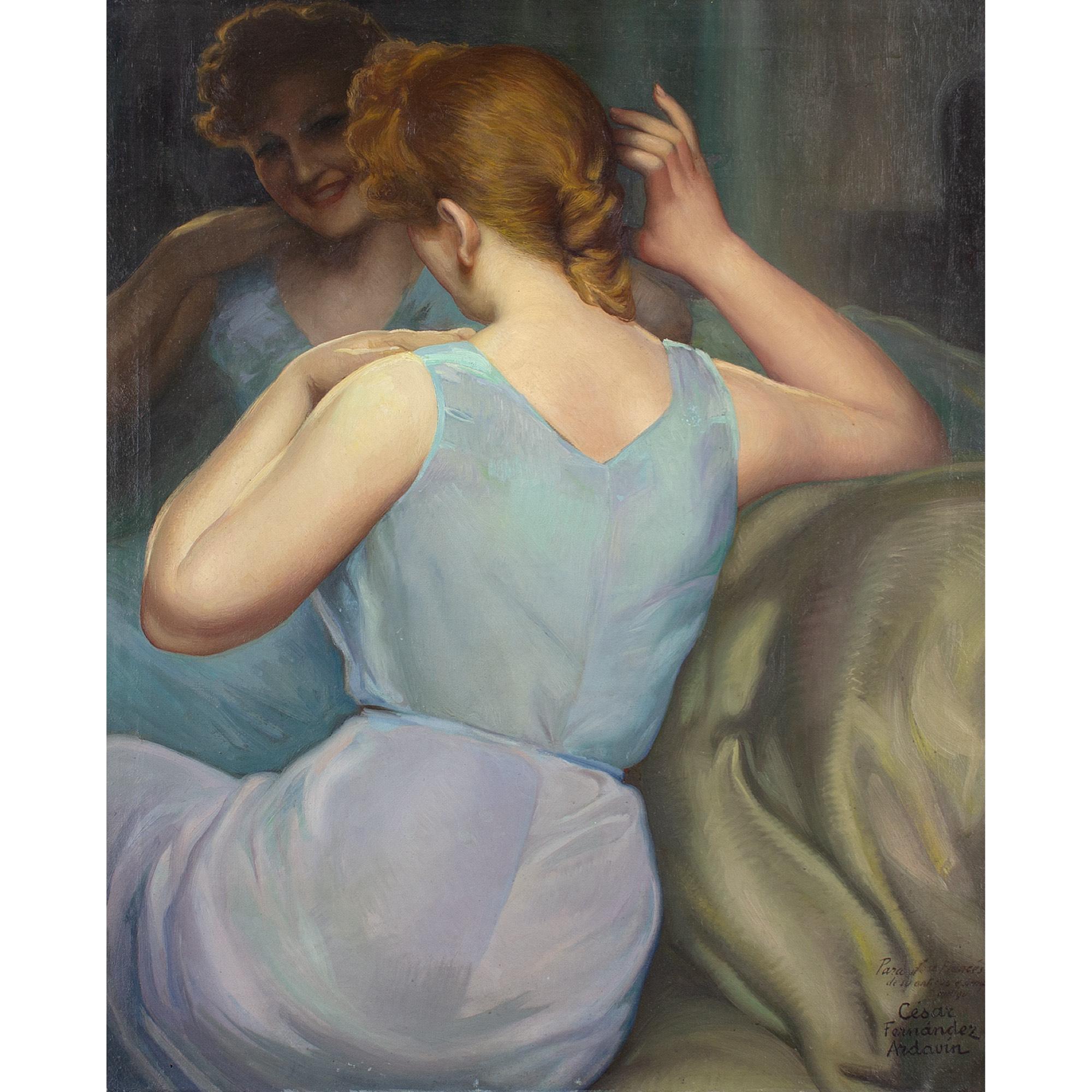 This early 20th-century oil painting by Spanish artist César Fernández Ardavín (1883-1974) depicts a cheerful young woman before a mirror.

Buoyant and playful, she sits casually on a chaise lounge. Her effervescent smile reflected in a mirror. She