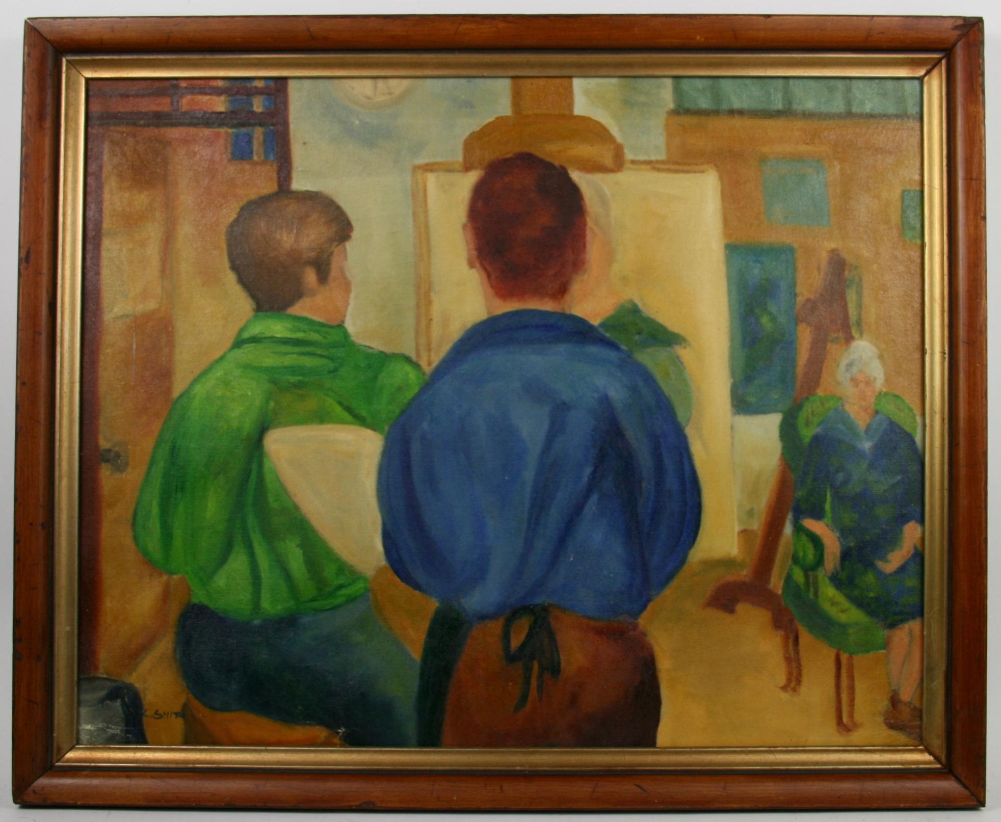 #5-3049 French  Artist Studio,a 1970's figurative painting , oil on canvas displayed in a wood frame, signed by C.smith lower left.Image size  18.5 H x 23.25 W