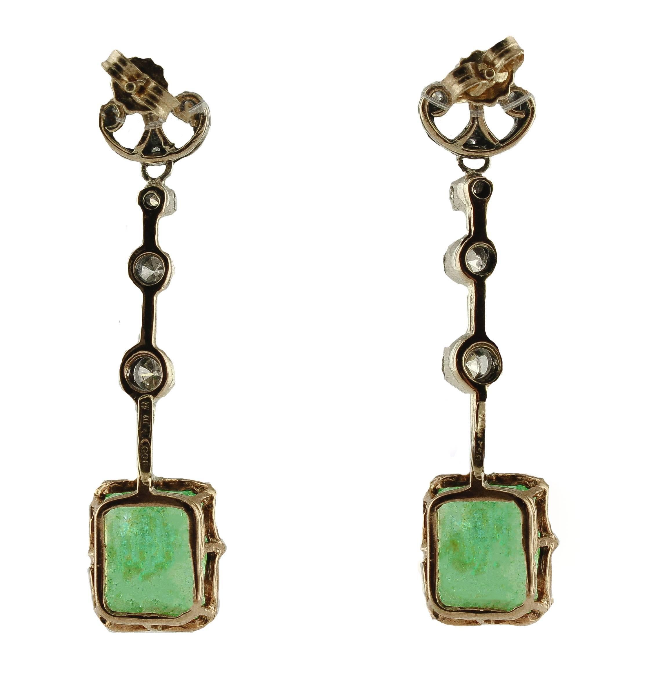 0.92 Carat Diamonds, 9.06 Carat Emeralds, Rose Gold and Silver, Earrings In Good Condition In Marcianise, Marcianise (CE)