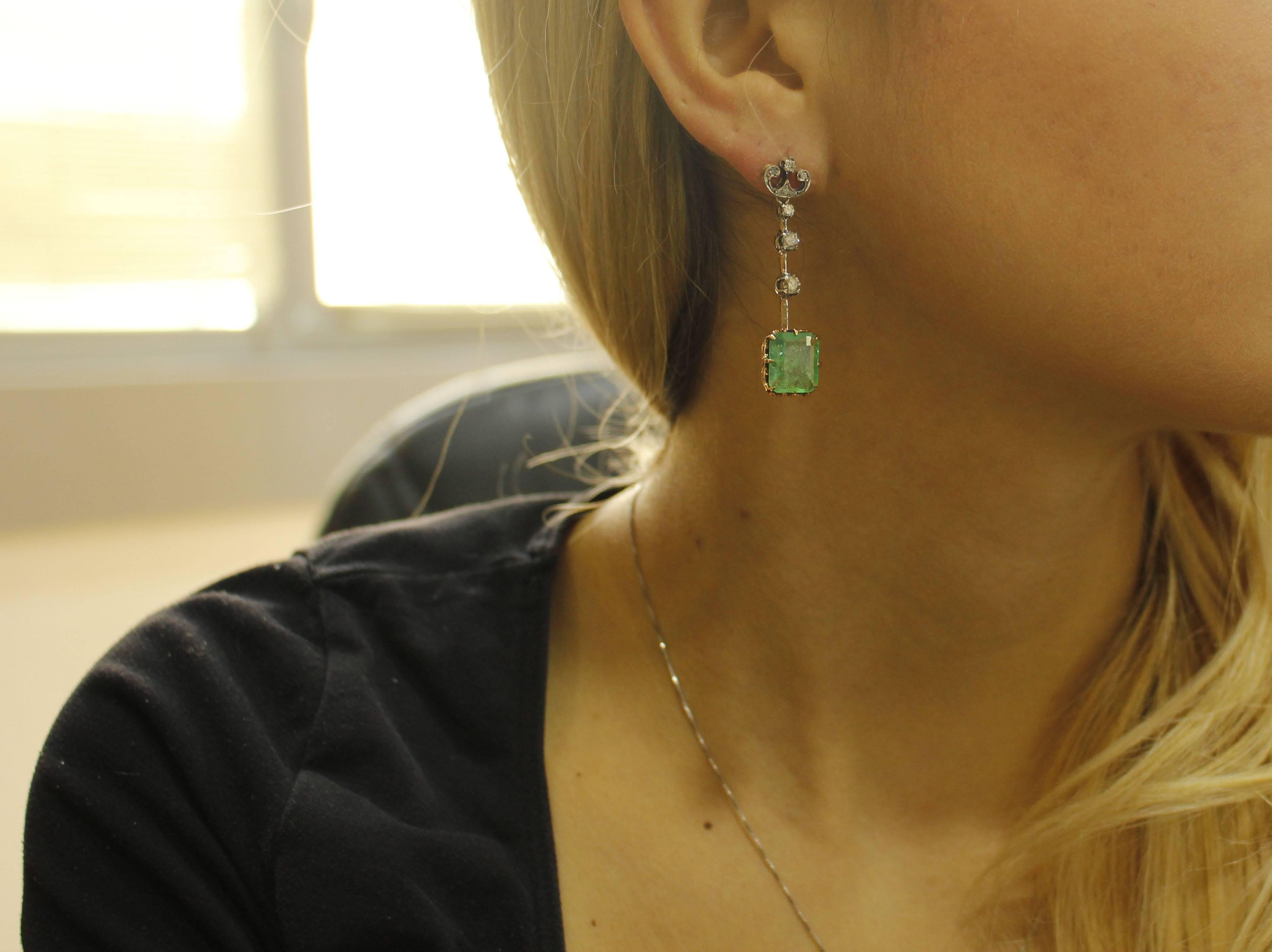 0.92 Carat Diamonds, 9.06 Carat Emeralds, Rose Gold and Silver, Earrings 2