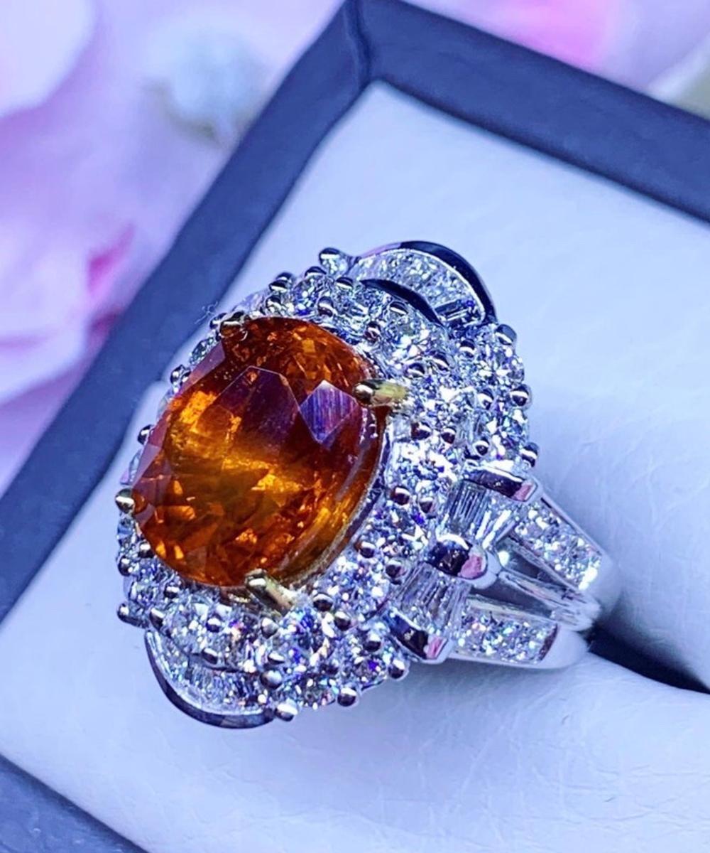 Art Deco Ct 11, 35 of Orange Sapphire and Diamonds on Ring For Sale