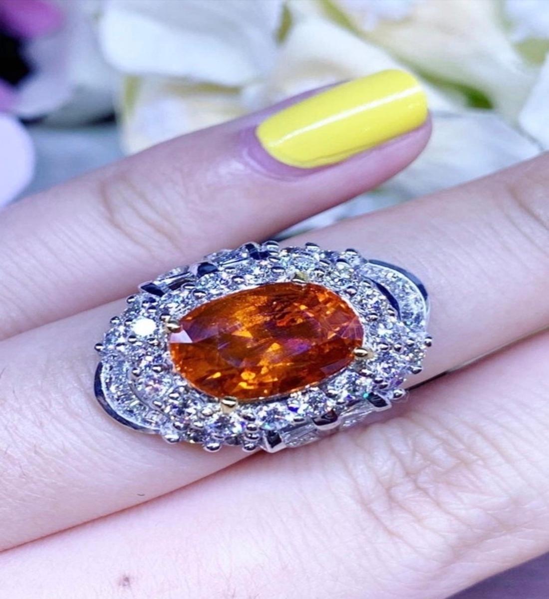 Round Cut Ct 11, 35 of Orange Sapphire and Diamonds on Ring For Sale