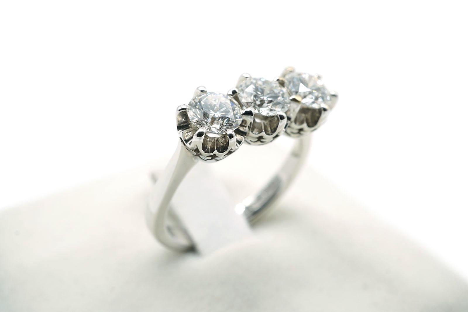 Retro Ct 1.52 Diamonds White Gold Vintage Trilogy Ring  For Sale