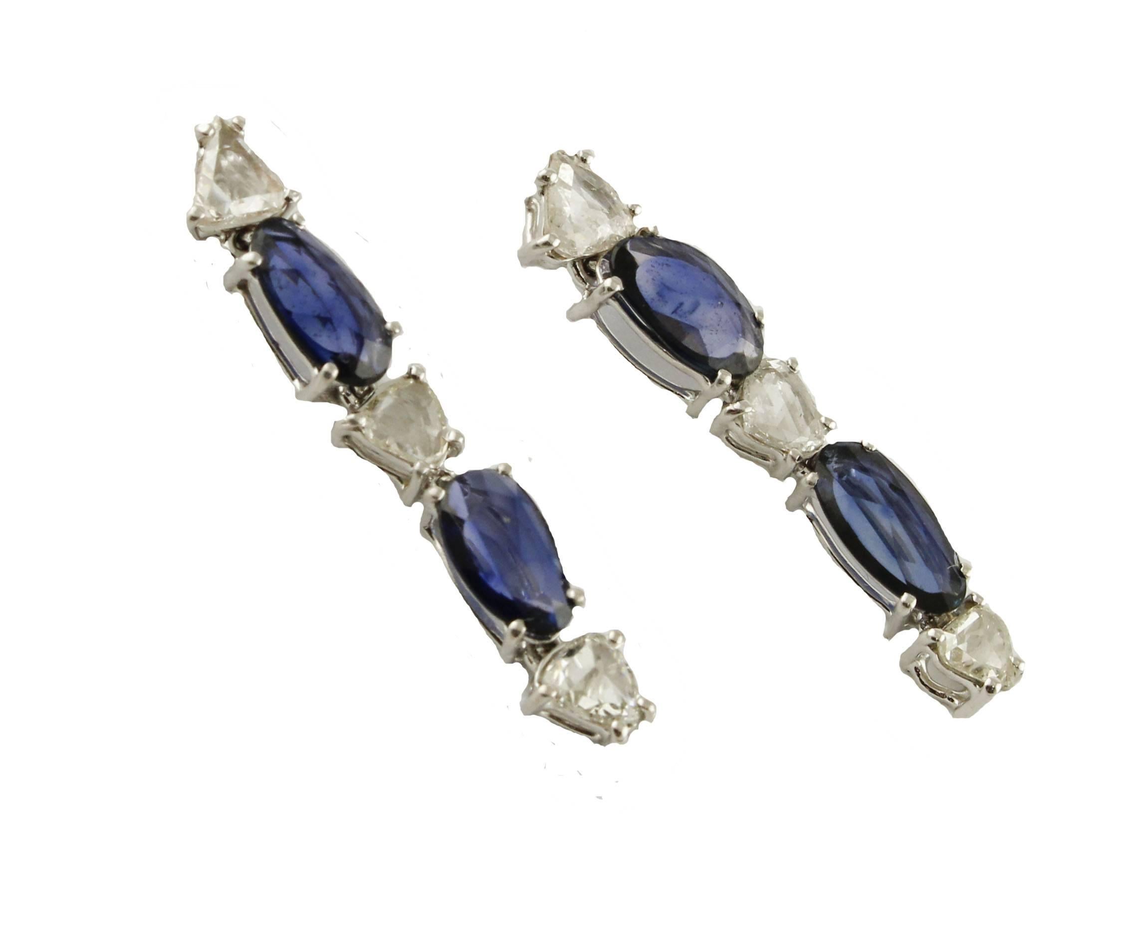 Mixed Cut  Sapphires Diamonds White Gold Dangling Earrings For Sale