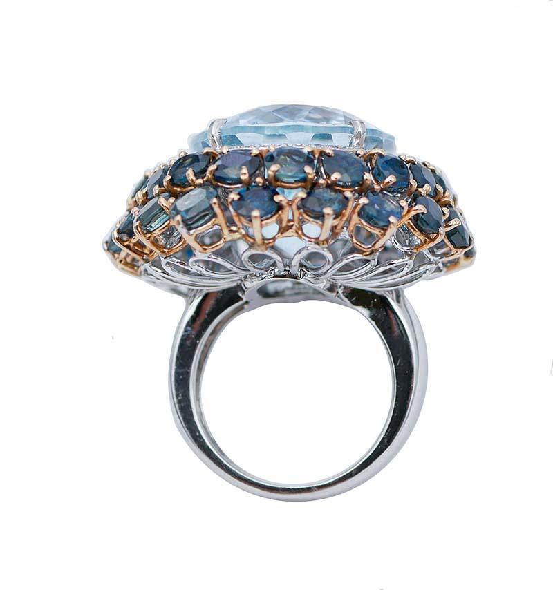 Retro ct 45, 50 Blue Topaz Diamond and ct 12, 88 Sapphire Gold Ring For Sale
