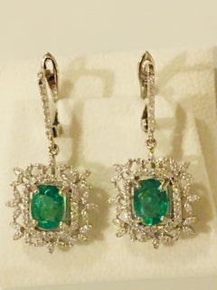 AIG Certified 3.79 Carat Zambian Emeralds Diamonds 18K Gold Earrings
