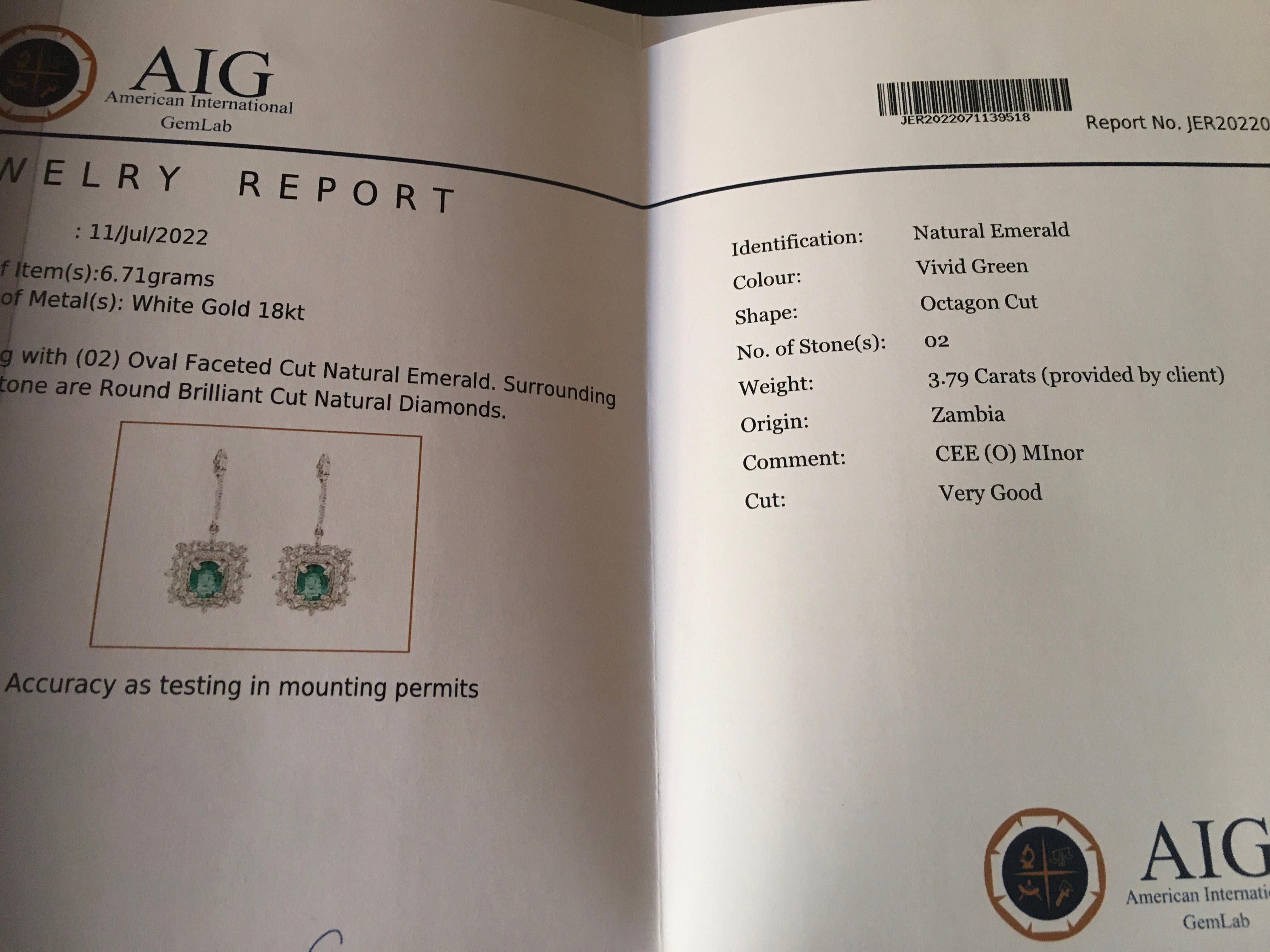 Round Cut Ct 4, 59 of Zambia Emeralds and Diamonds on Earrings For Sale