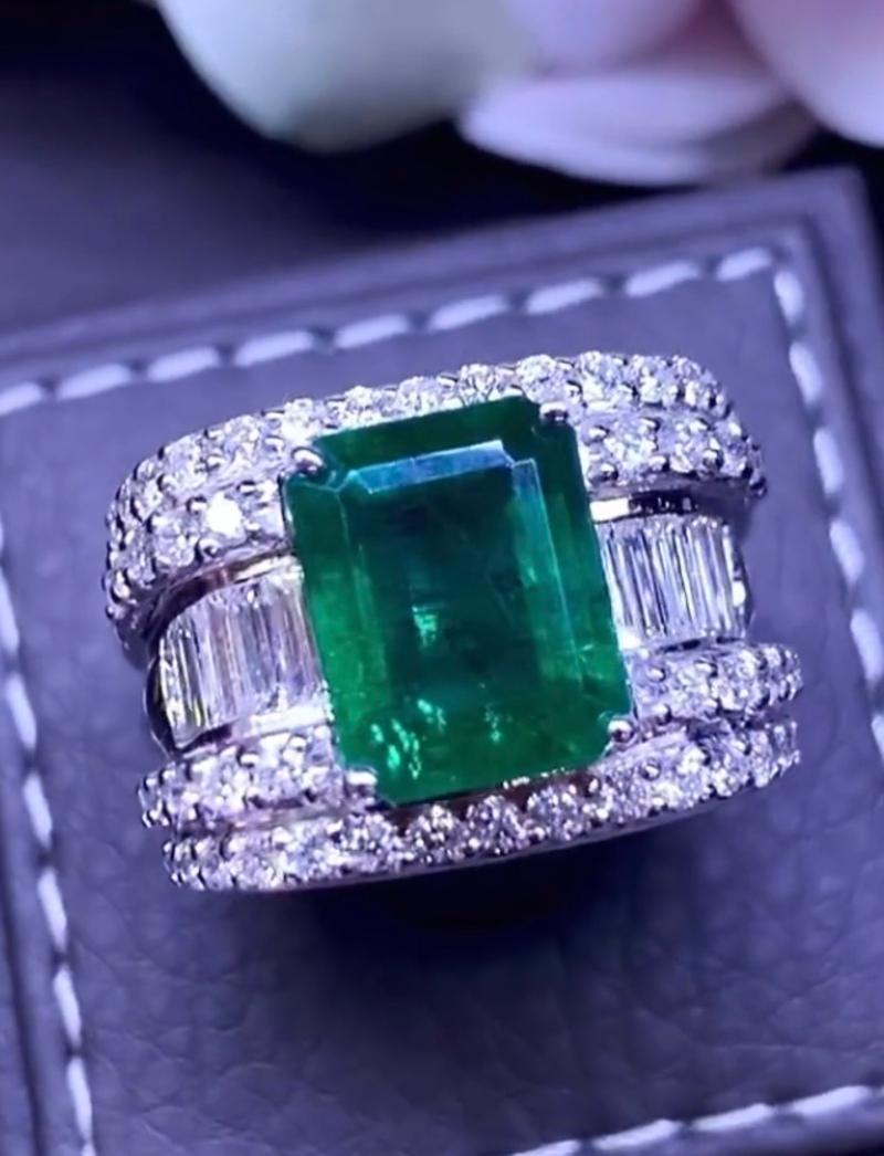 Emerald Cut AIG Certified 4.80 Carats Zambian Emerald   1.71 Carats Diamonds  18K Gold Ring  For Sale