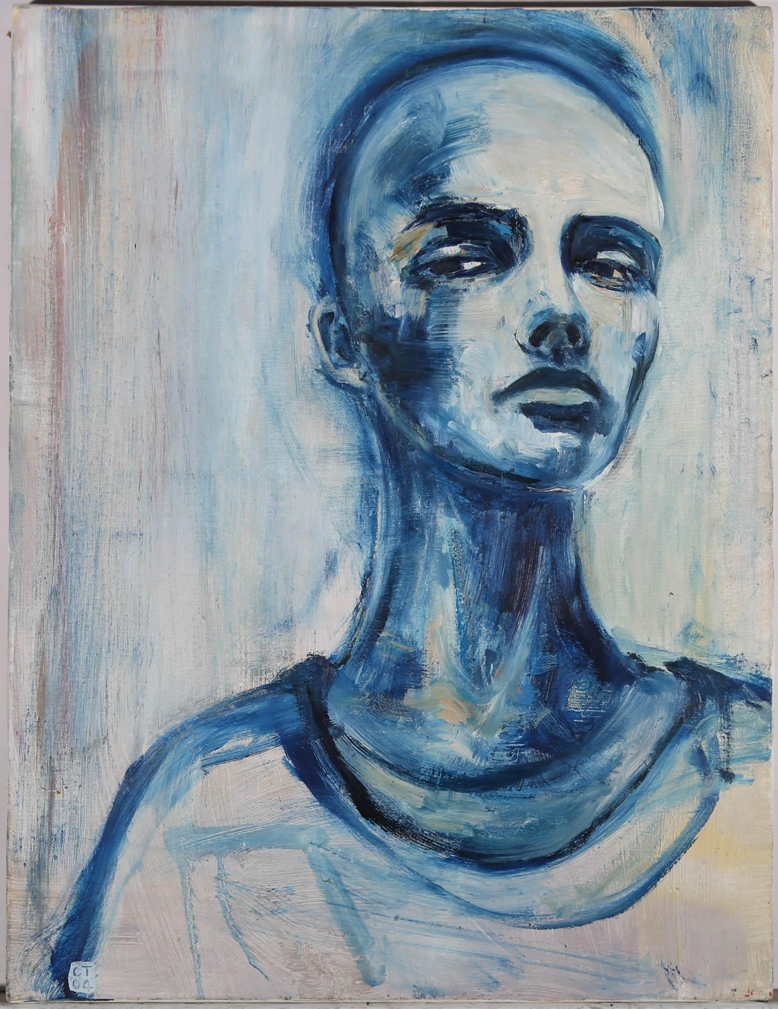 C.T - 2004 Huile, étude de la tête en bleu en vente 1
