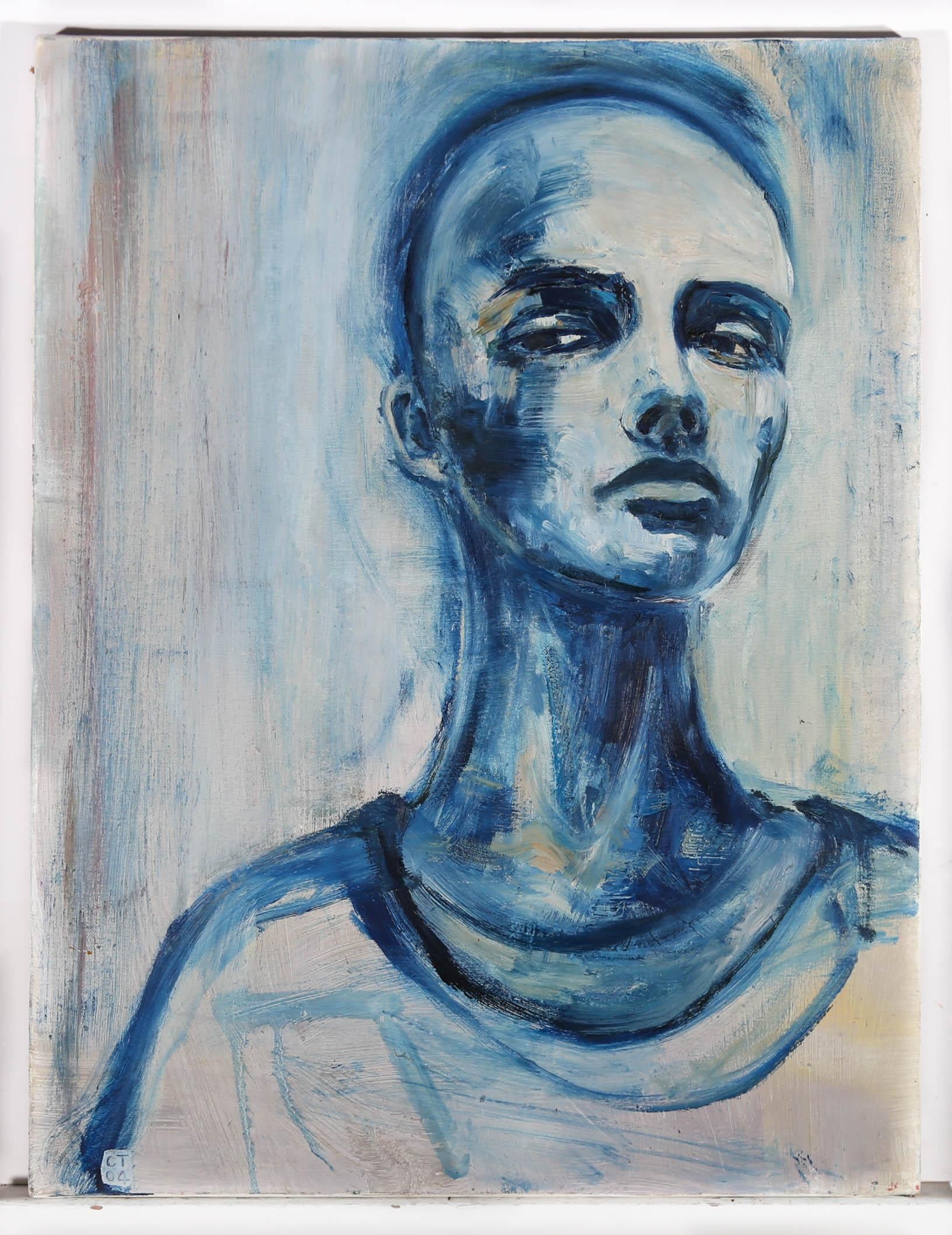 C.T - 2004 Huile, étude de la tête en bleu en vente 2