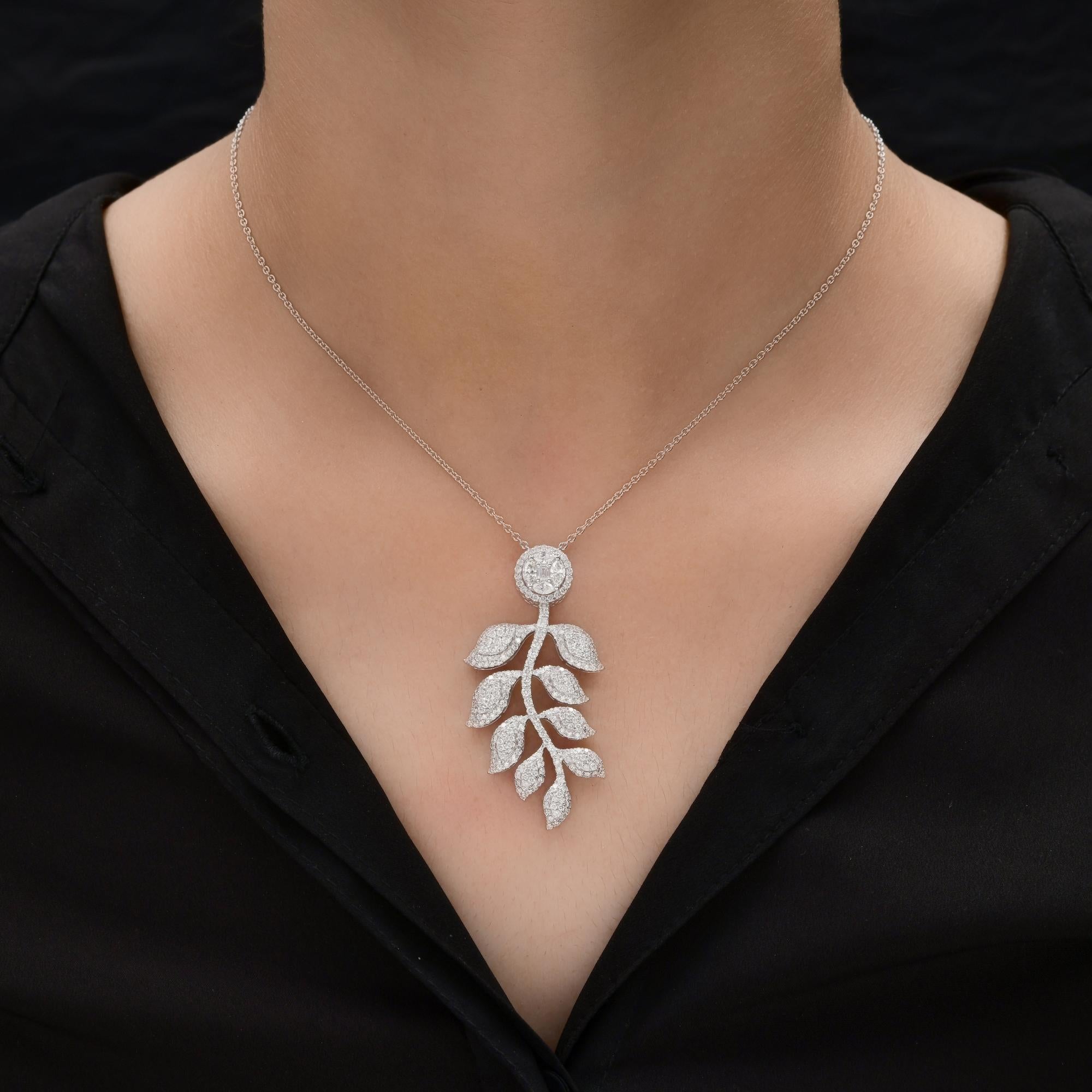 CTW 2.82 SI Clarity HI Color Diamond Pave Floral Pendant Necklace 14k White Gold
This elegant necklace showcases a graceful leaf-inspired design. The pendant features a delicate branch adorned with shimmering, pave-set stones, each leaf beautifully