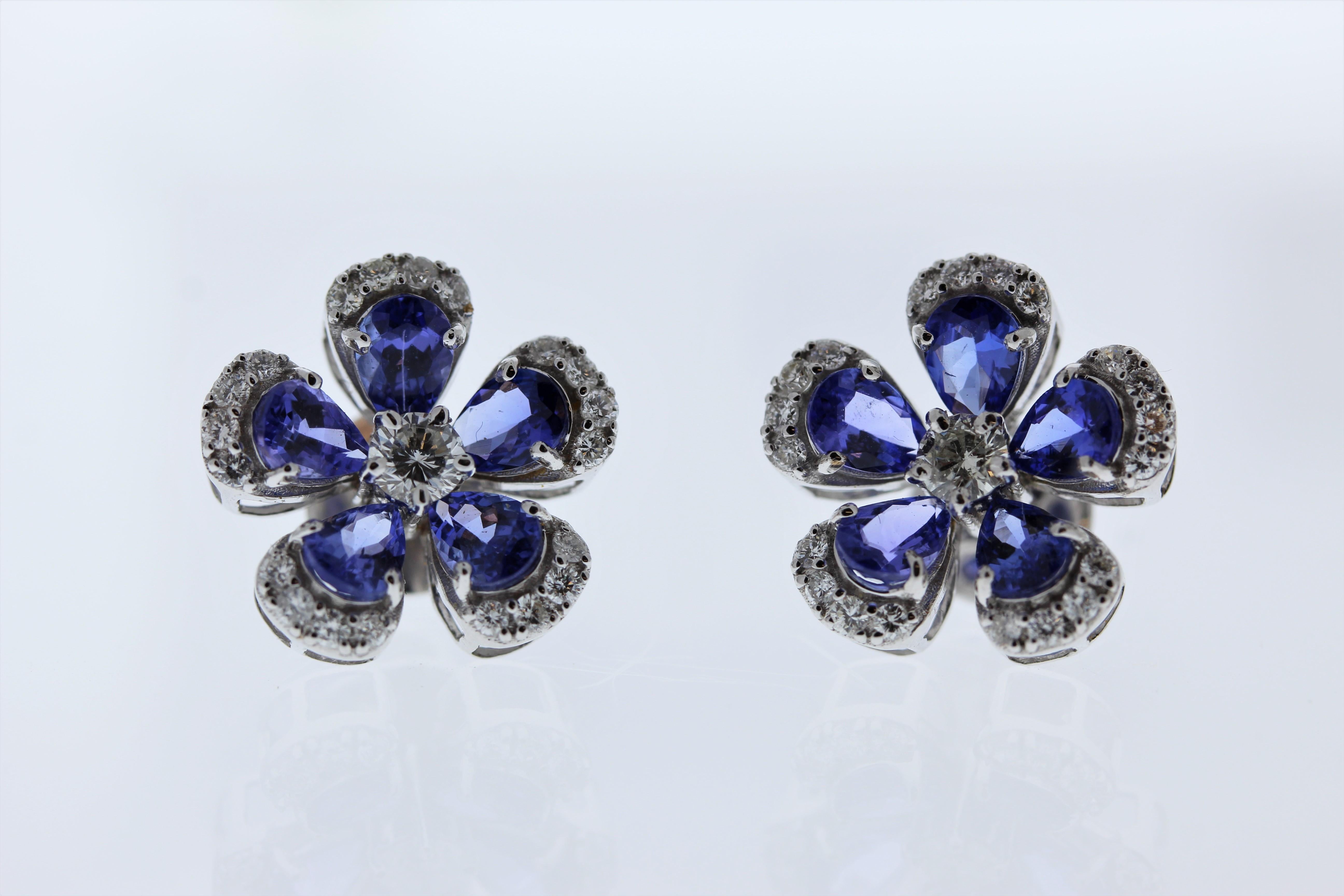 Cushion Cut 8.00CTW Tanzanite Flower Shape Earrings in 14K WG For Sale