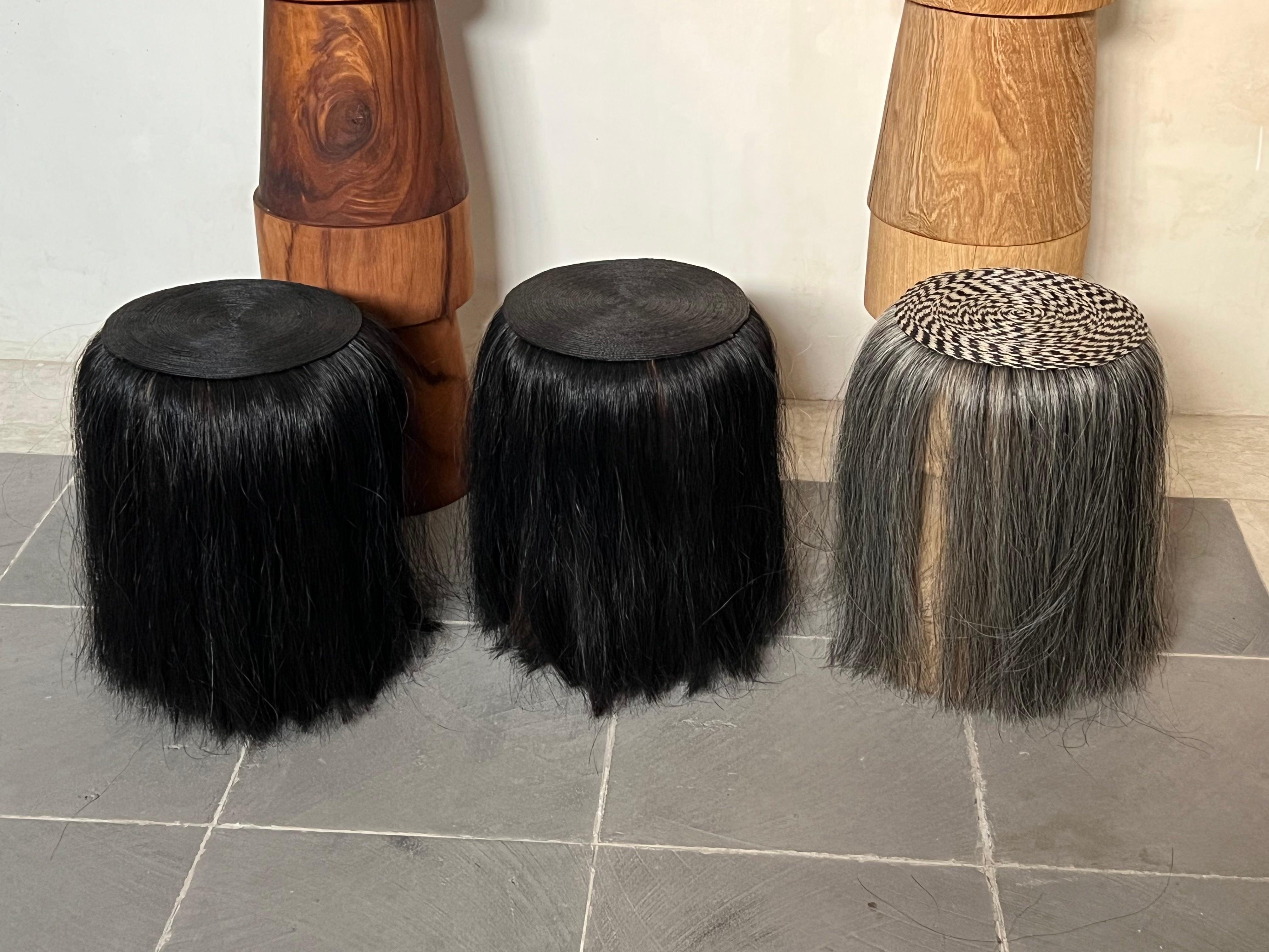 Turned Cuaco Stool - Black handwoven horsehair solid wood stool from Mexico. For Sale