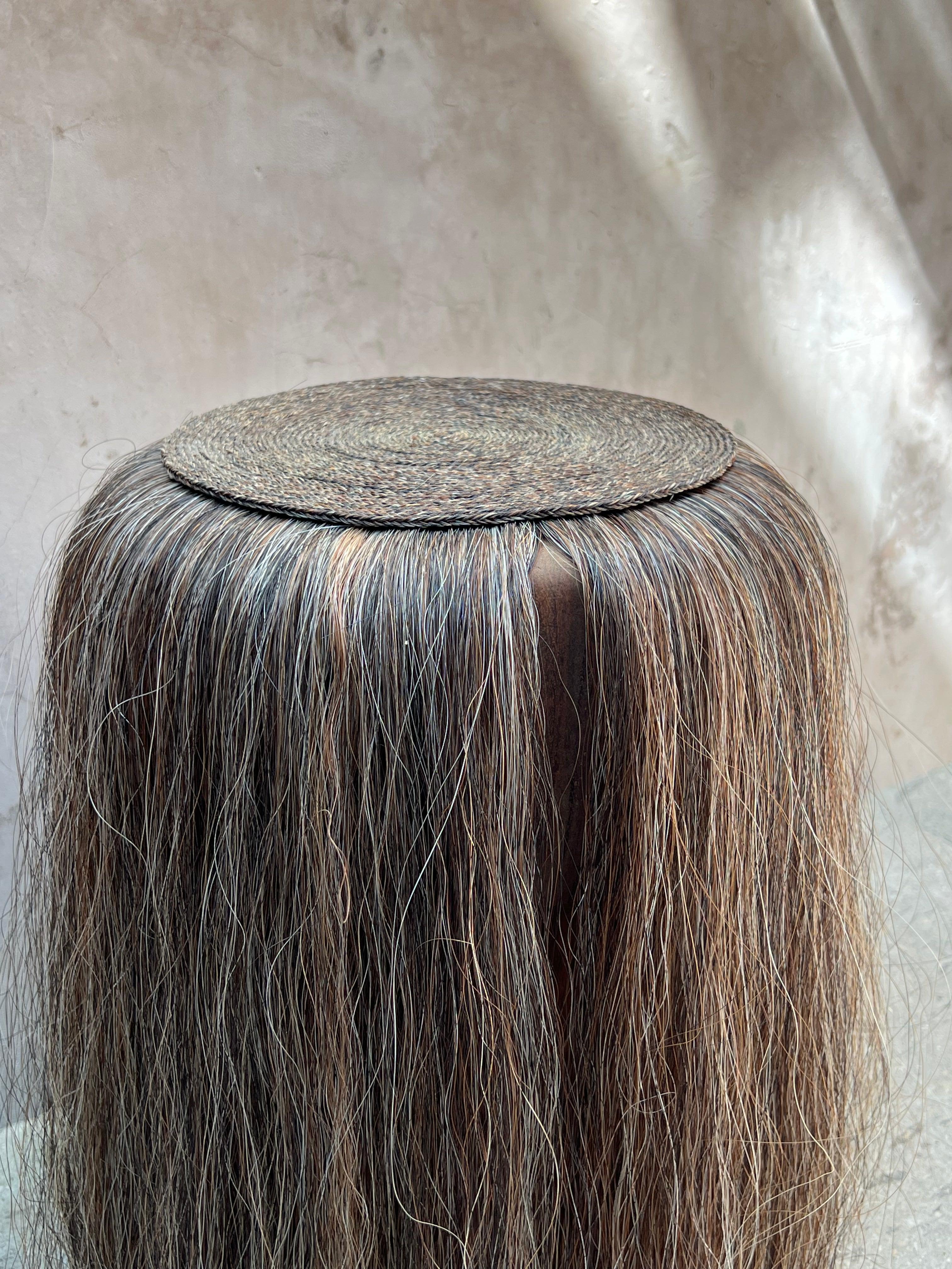 Mexican Cuaco Stool - Brown handwoven horsehair solid wood stool from Mexico. For Sale