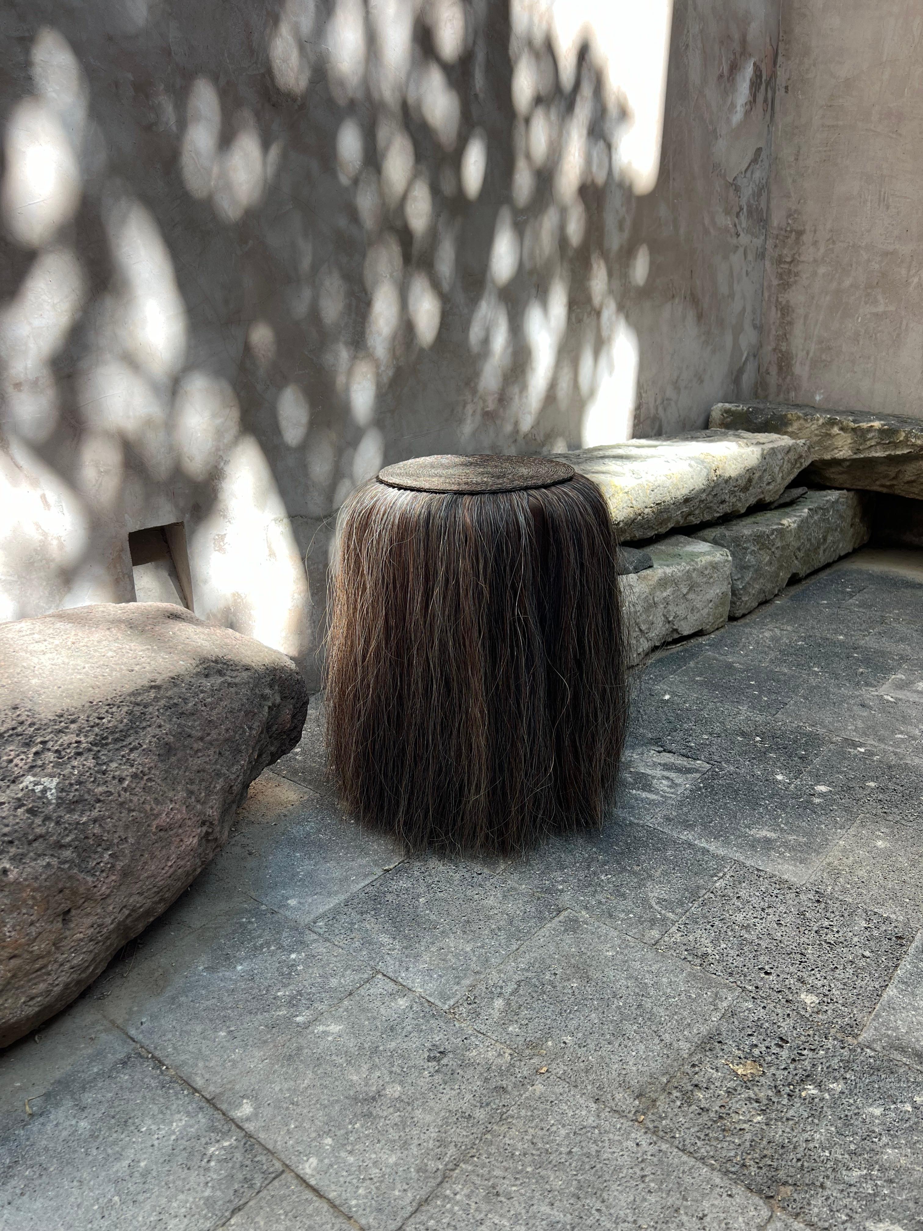 Turned Cuaco Stool - Brown handwoven horsehair solid wood stool from Mexico. For Sale