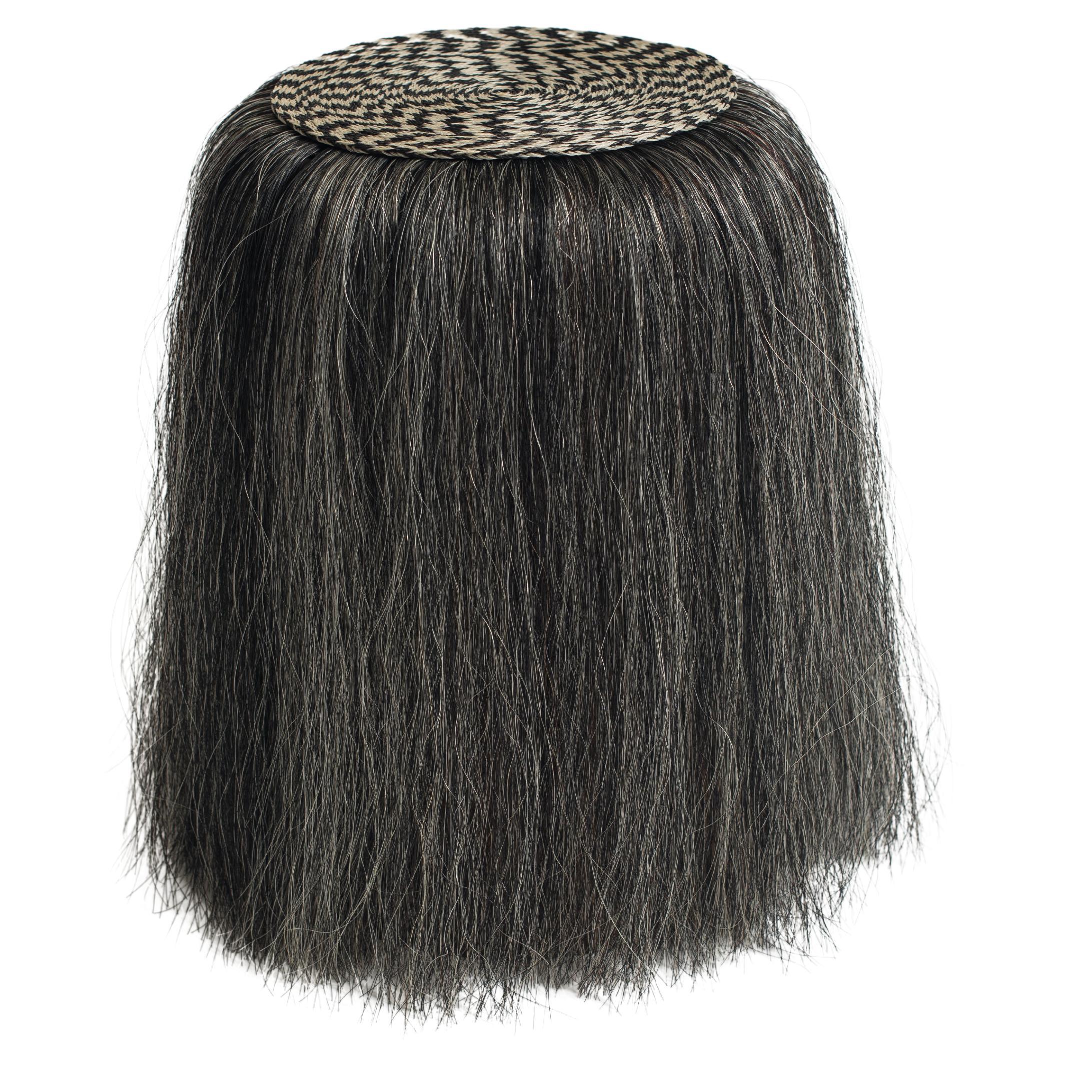 Cuaco Stool - Checkered handwoven horsehair solid wood stool from Mexico. For Sale