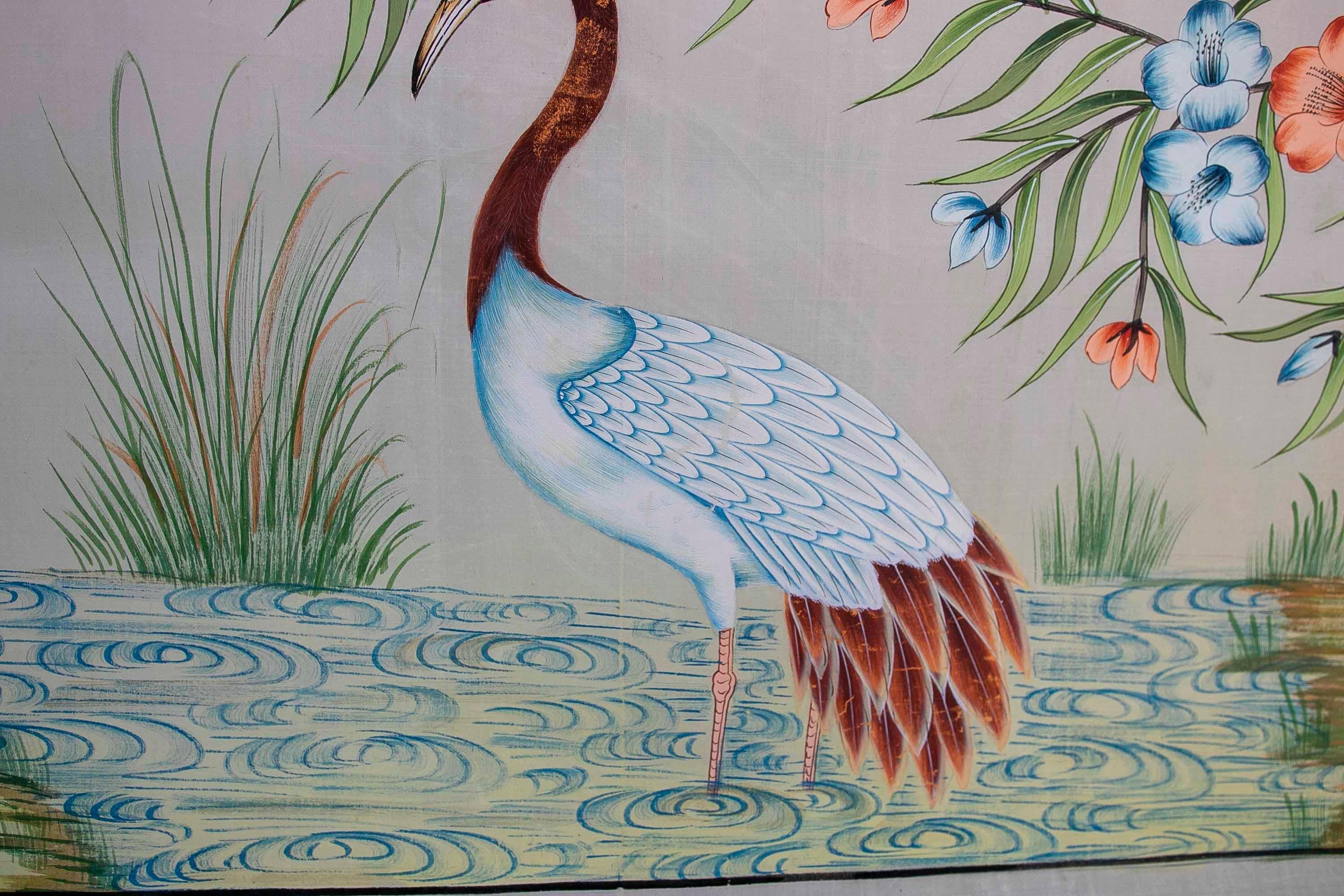 Cuadro De Aves En Lago Con Flores Pintado a Mano Sobre Lienzo Años 1970 For Sale 3