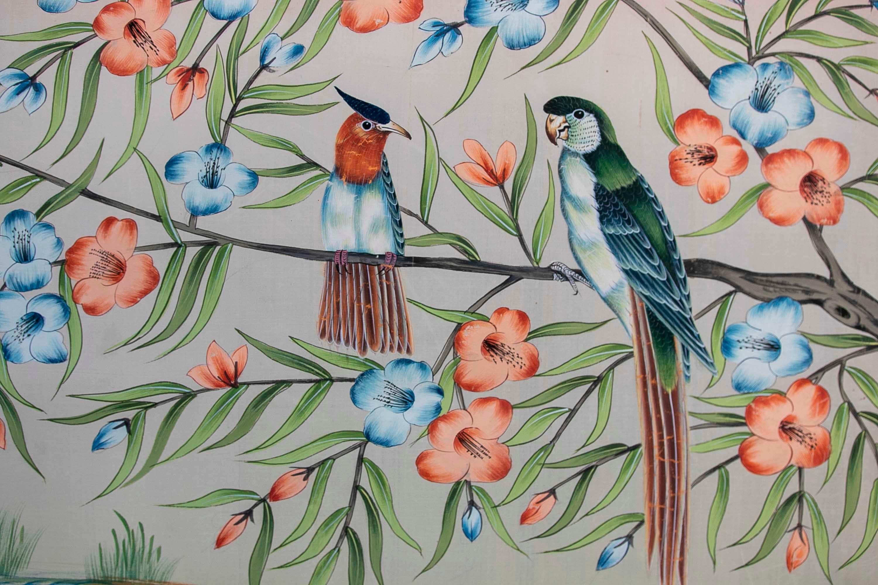 Cuadro De Aves En Lago Con Flores Pintado a Mano Sobre Lienzo Años 1970 For Sale 7