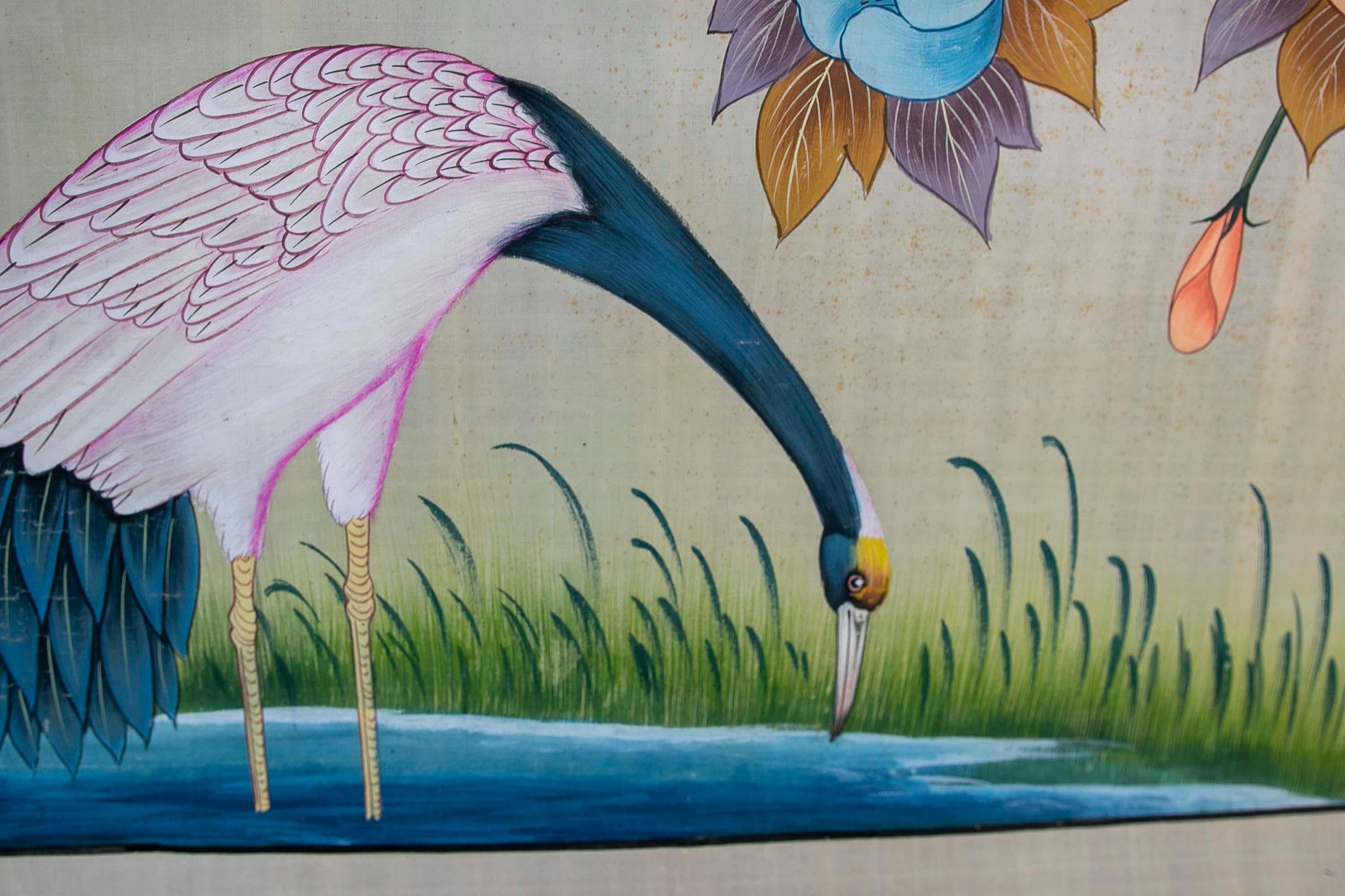 Cuadro De Aves En Lago Con Flores Pintado a Mano Sobre Lienzo Años, 1970 For Sale 7
