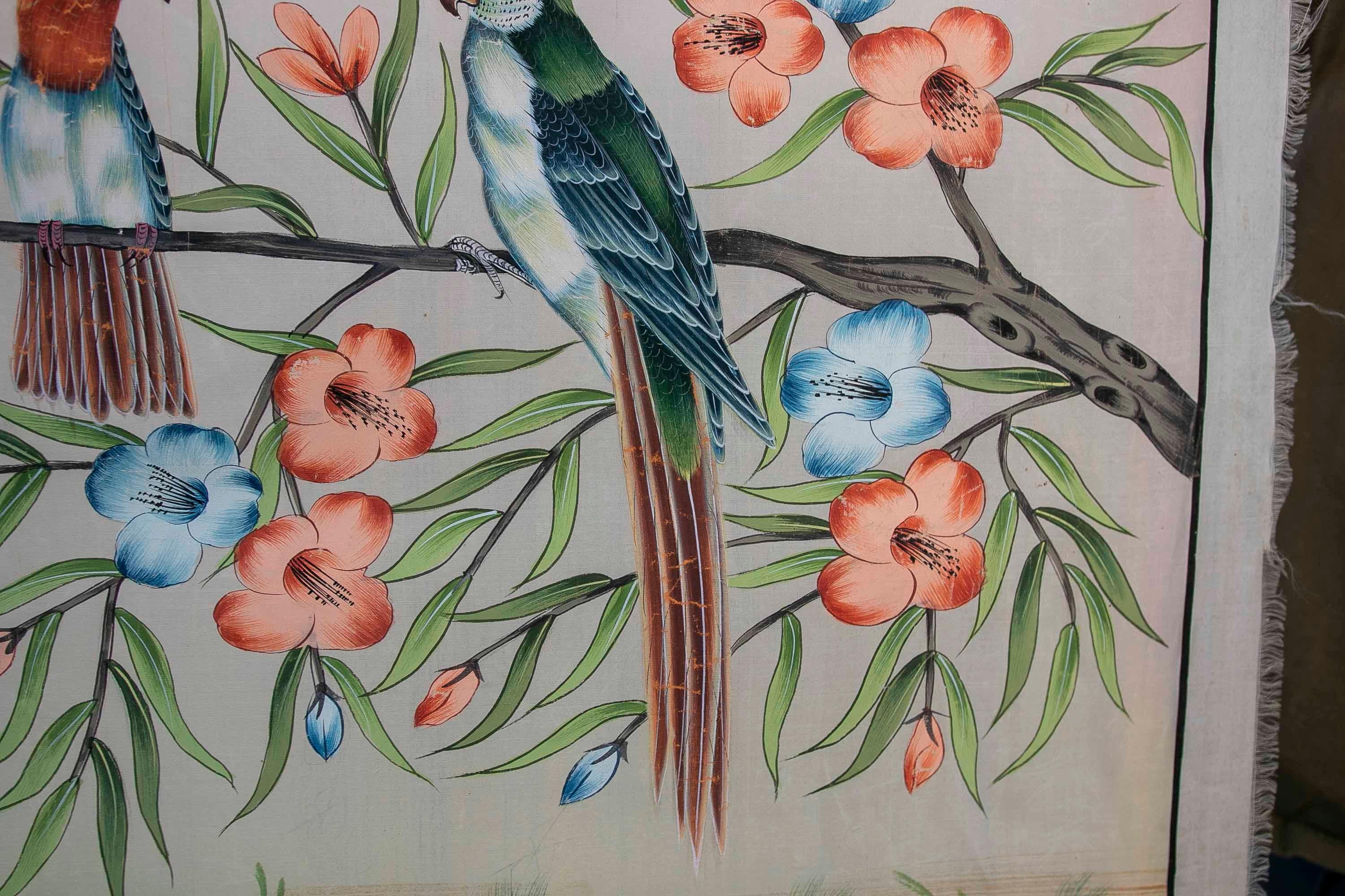 Cuadro De Aves En Lago Con Flores Pintado a Mano Sobre Lienzo Años 1970 For Sale 9