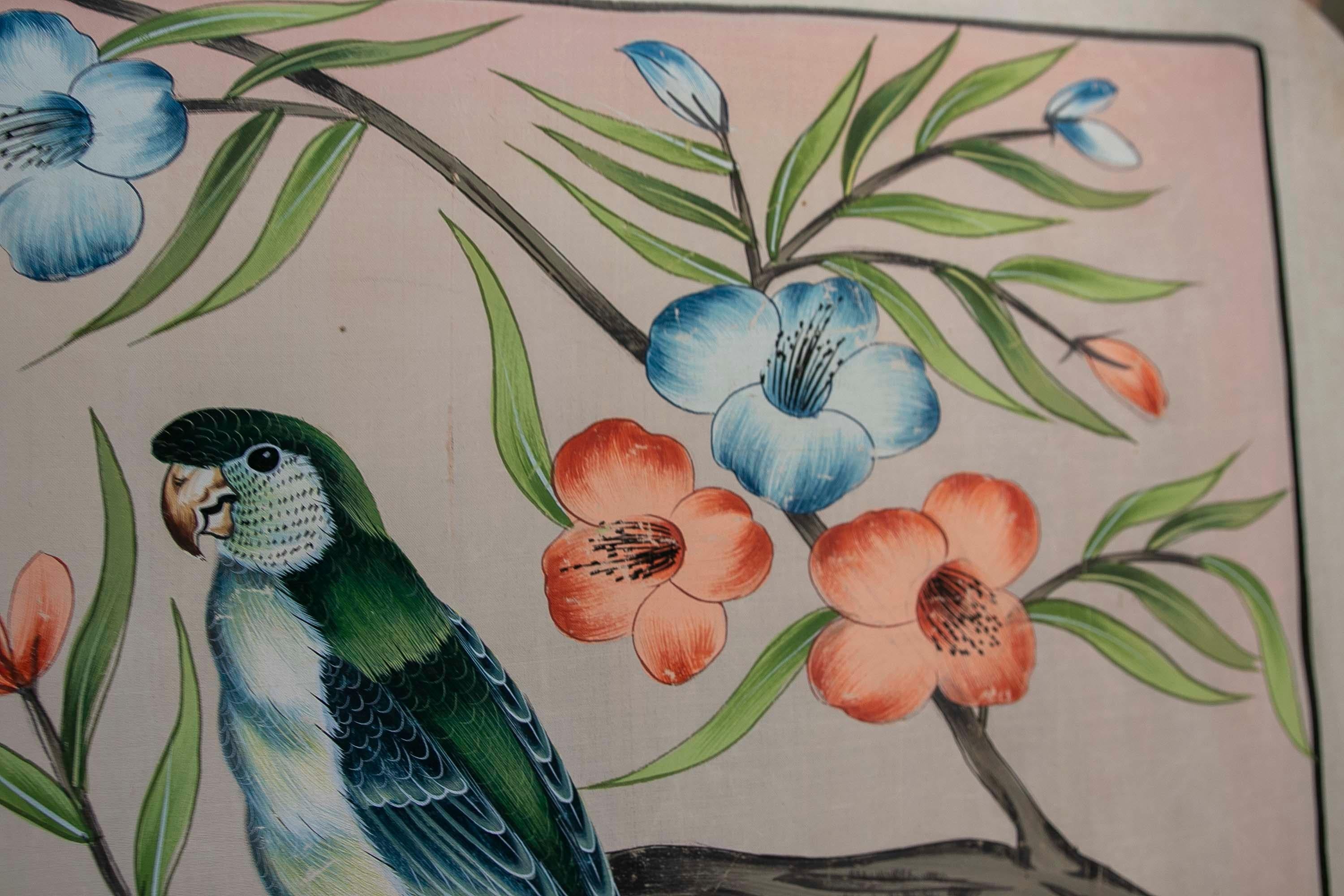 Cuadro De Aves En Lago Con Flores Pintado a Mano Sobre Lienzo Años 1970 For Sale 11