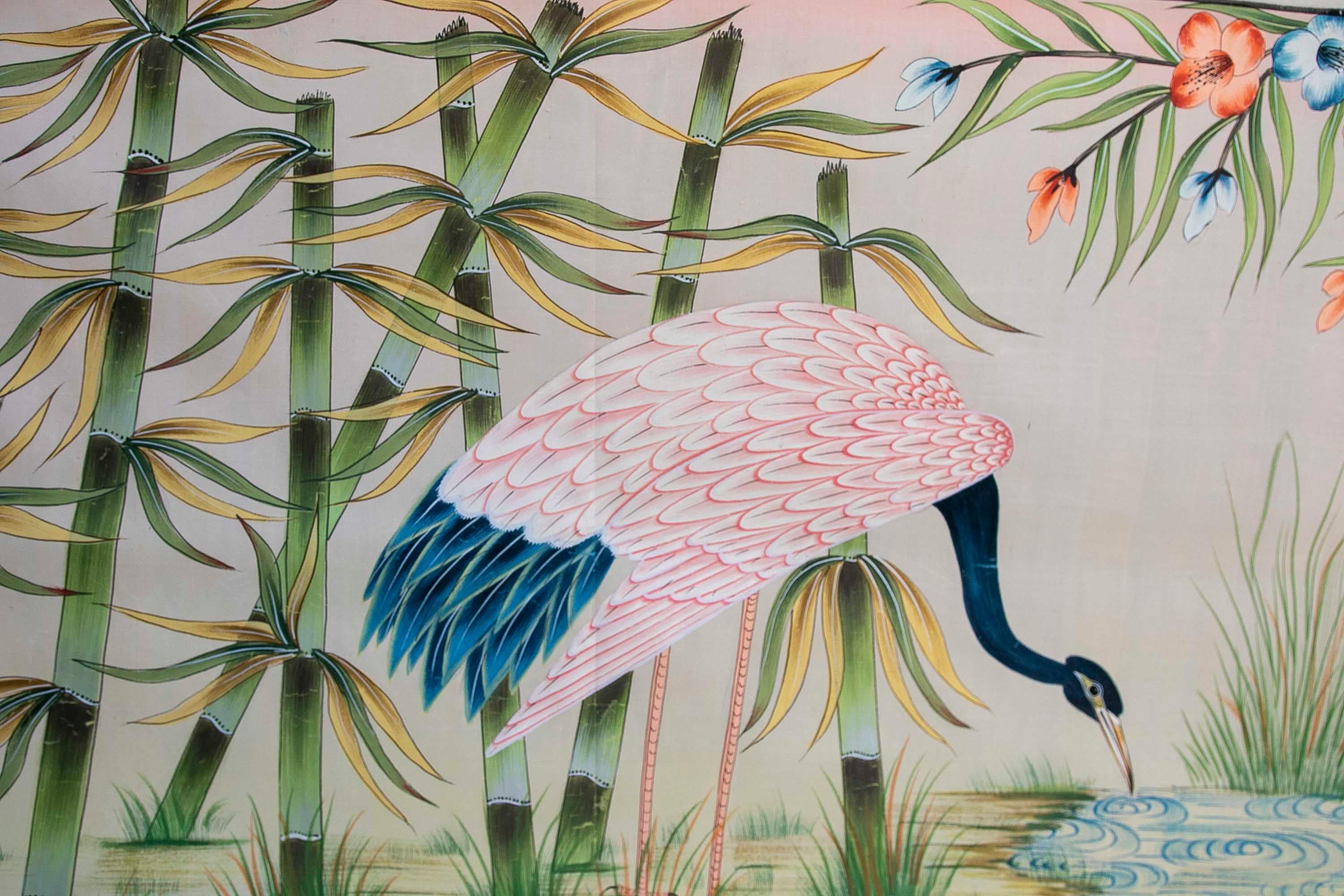 Cuadro de aves en lago con flores pintado a mano sobre lienzo años 1970.