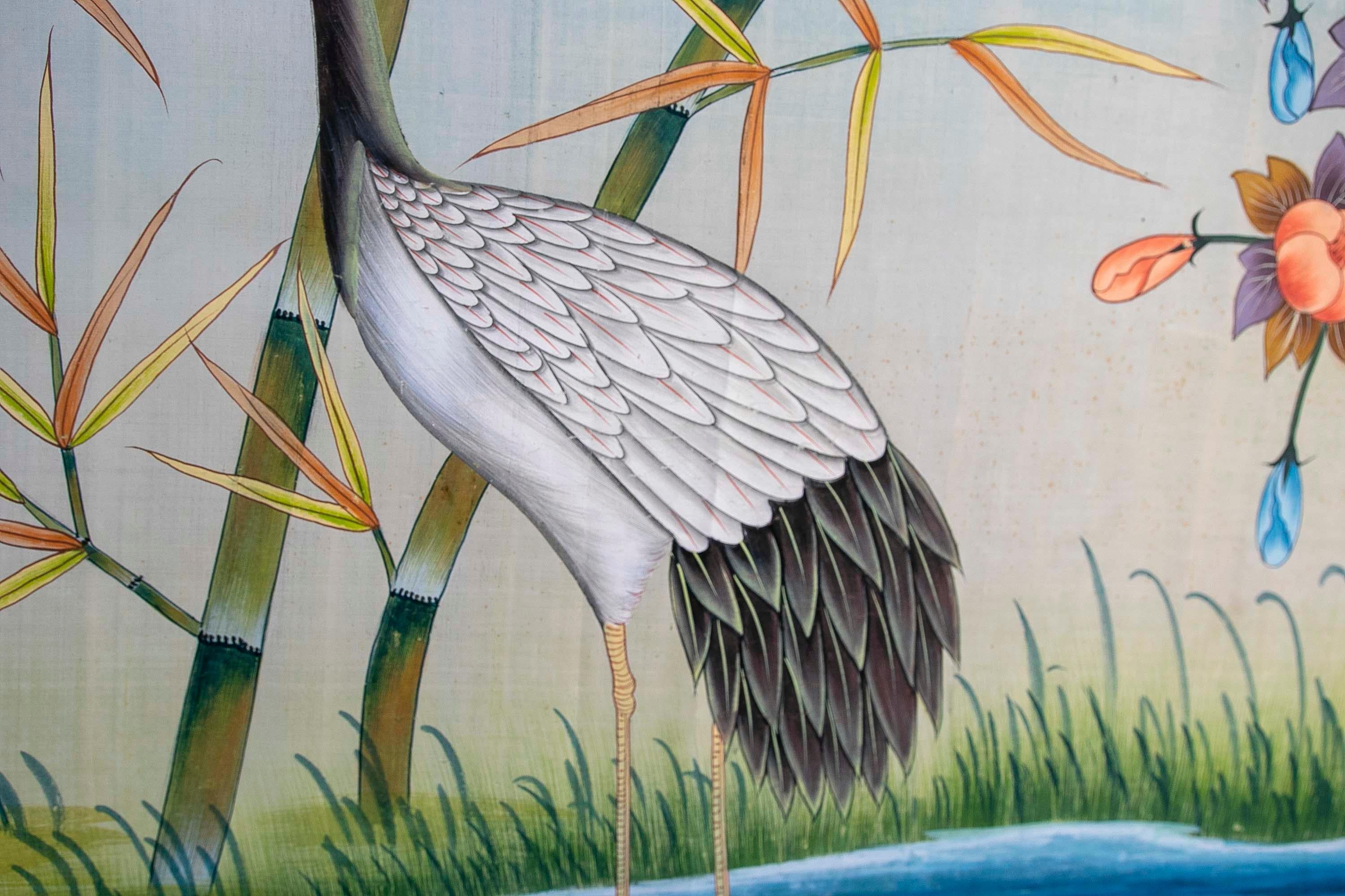 Hand-Painted Cuadro De Aves En Lago Con Flores Pintado a Mano Sobre Lienzo Años, 1970 For Sale