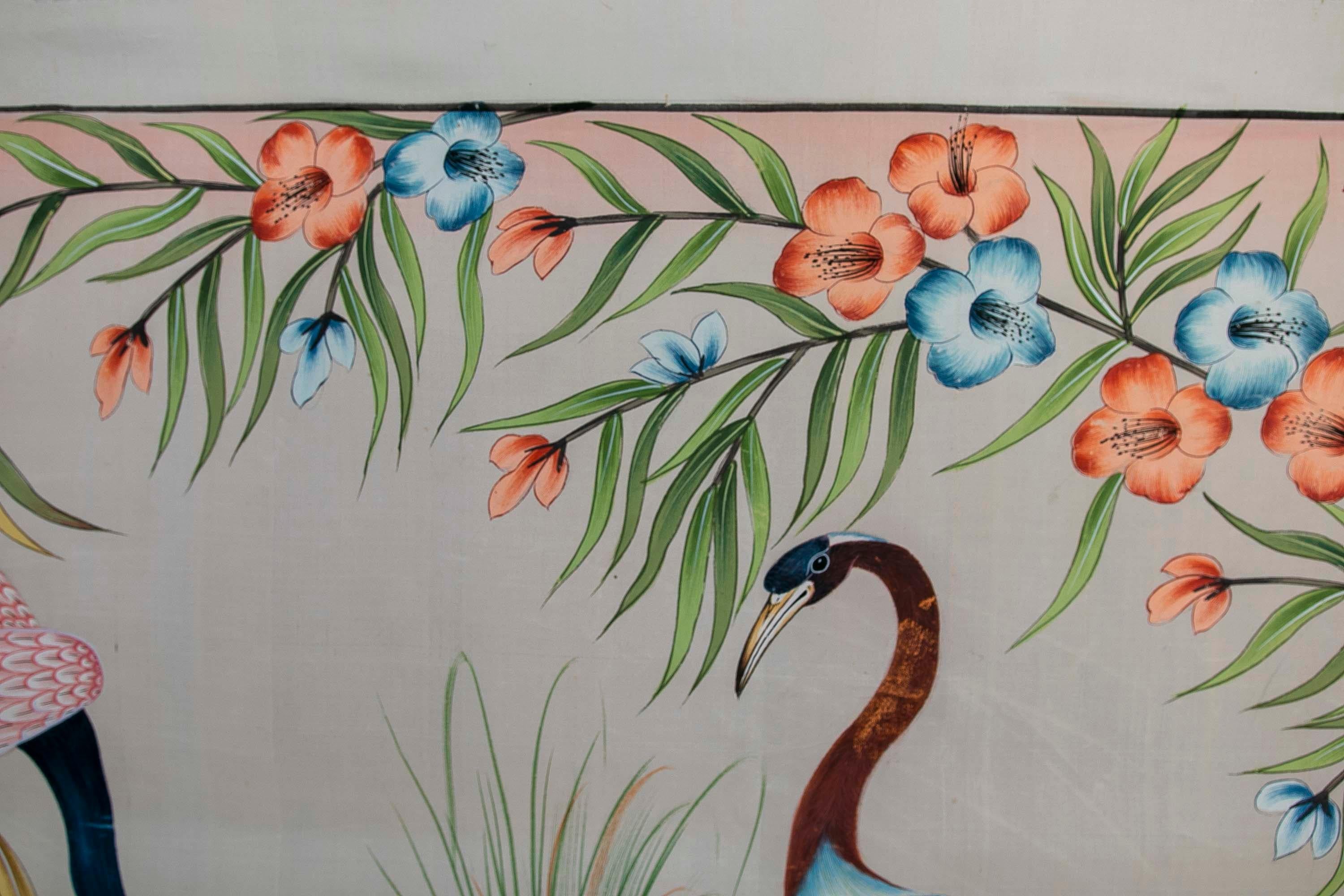 Canvas Cuadro De Aves En Lago Con Flores Pintado a Mano Sobre Lienzo Años 1970 For Sale