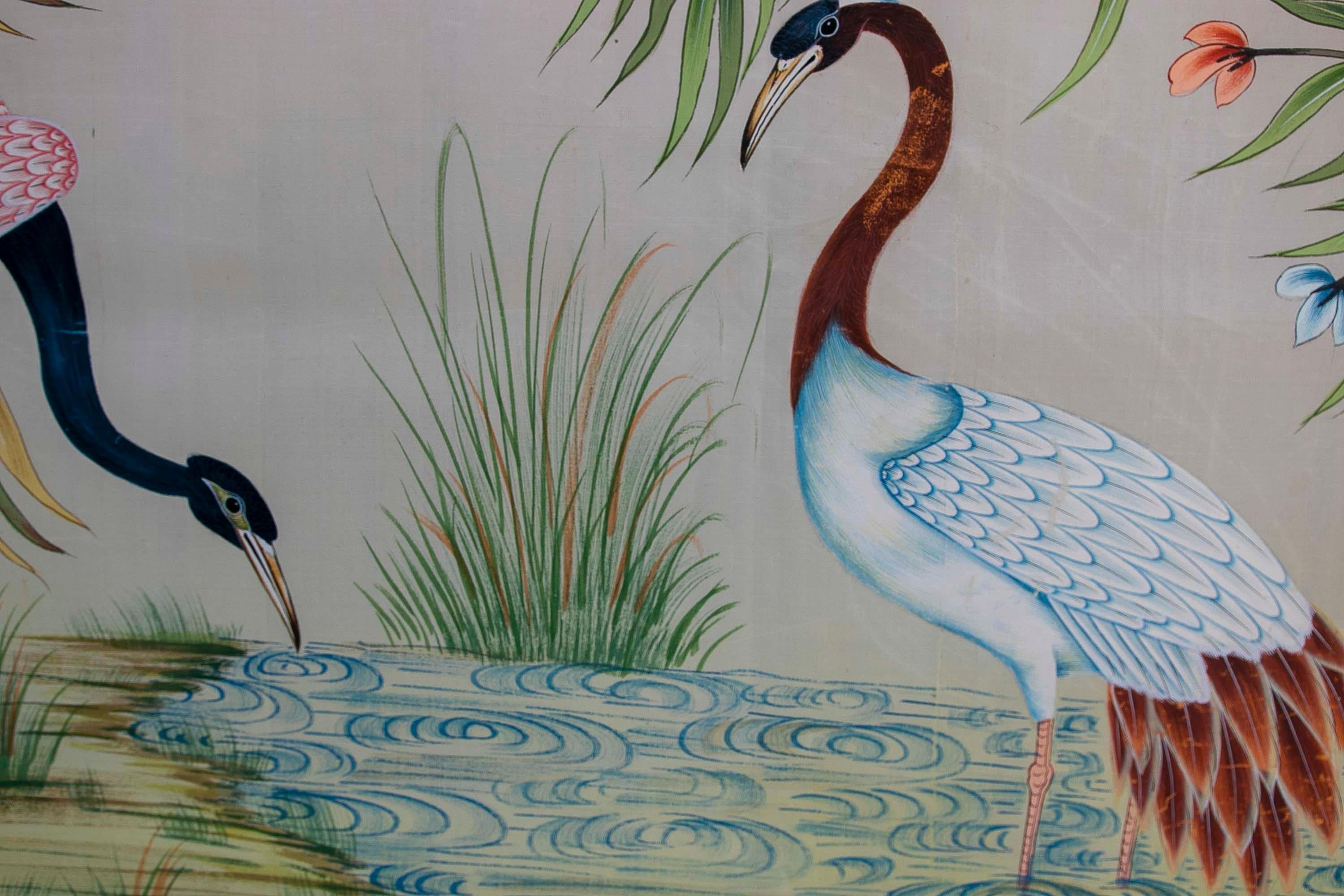 Cuadro De Aves En Lago Con Flores Pintado a Mano Sobre Lienzo Años 1970 For Sale 2