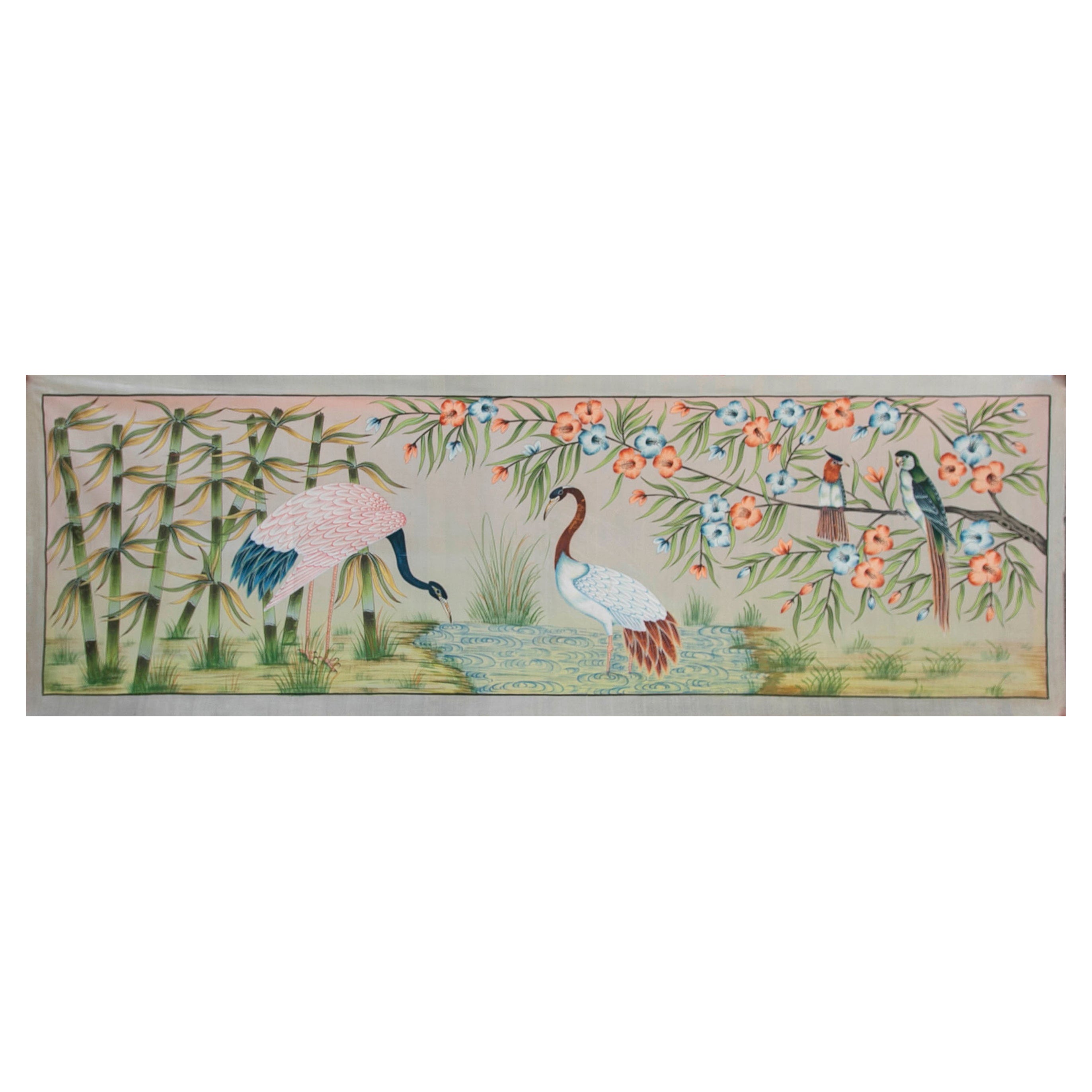 Tableau d'oiseaux au Lago avec des fleurs, peint à la main sur une feuille de papier, Años 1970