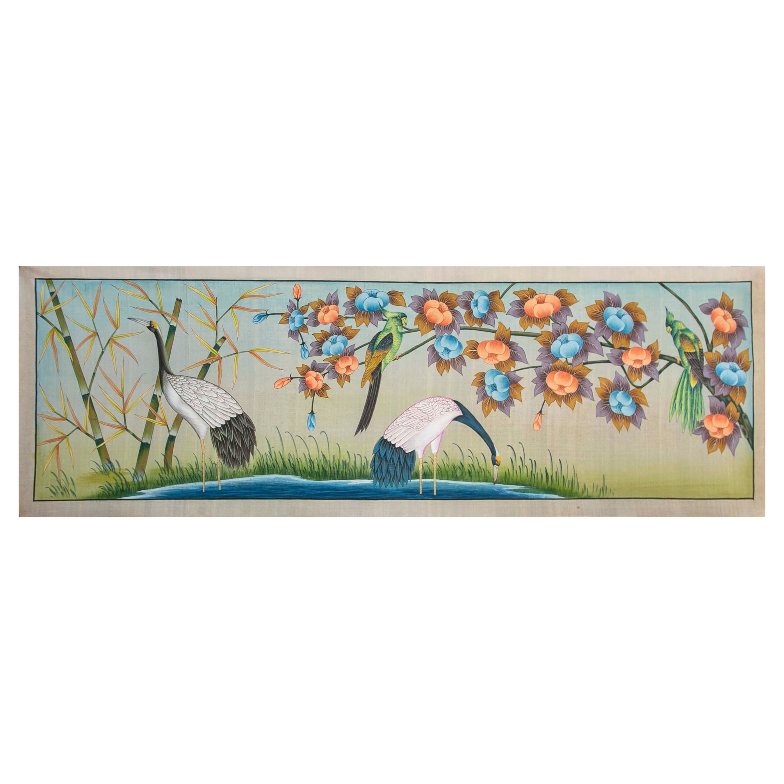 Couple d'oiseaux dans un lac avec des fleurs peint à la main sur un lienzo años 1970 en vente