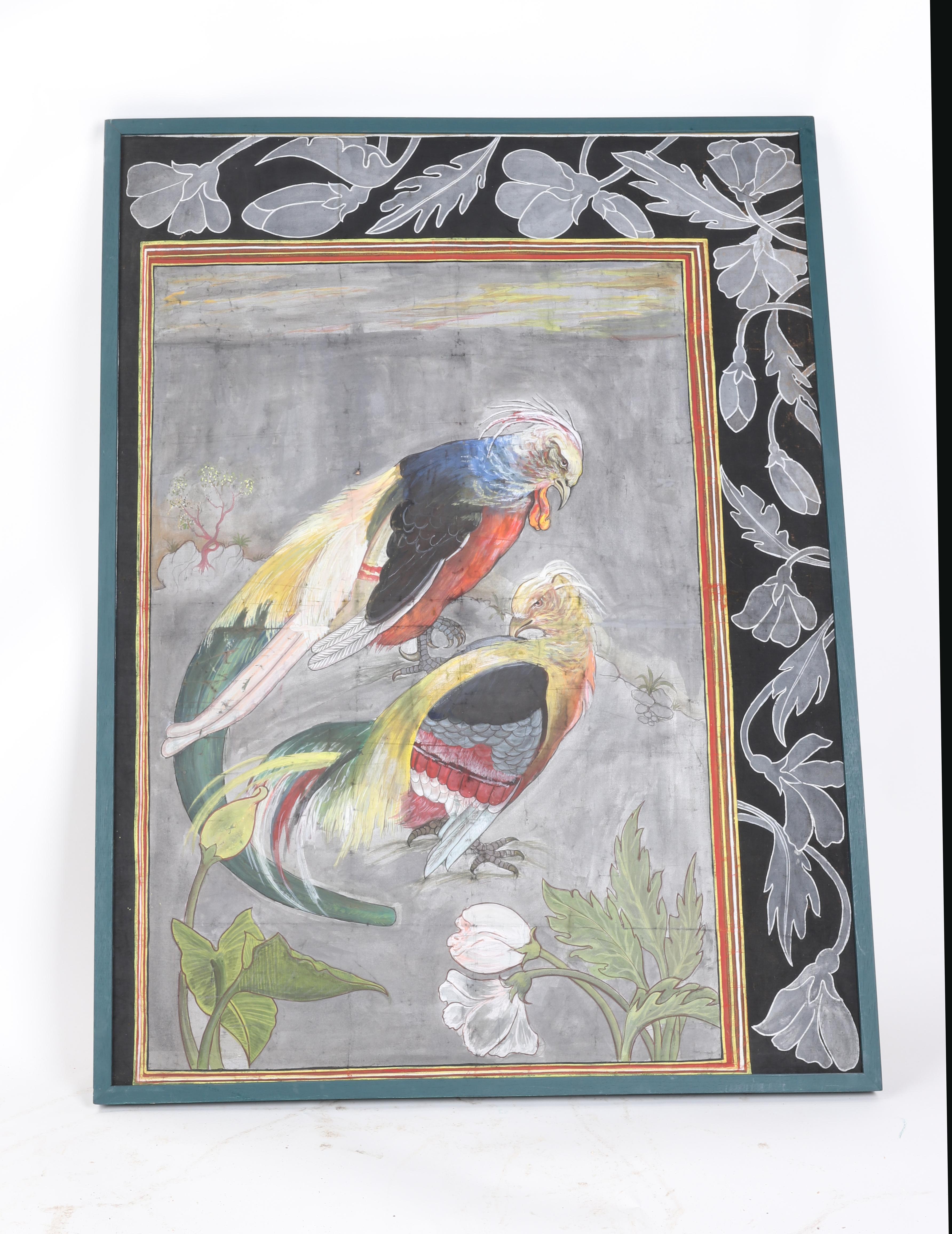 Cuadro pintado a mano de aves con cenefa años 1970.