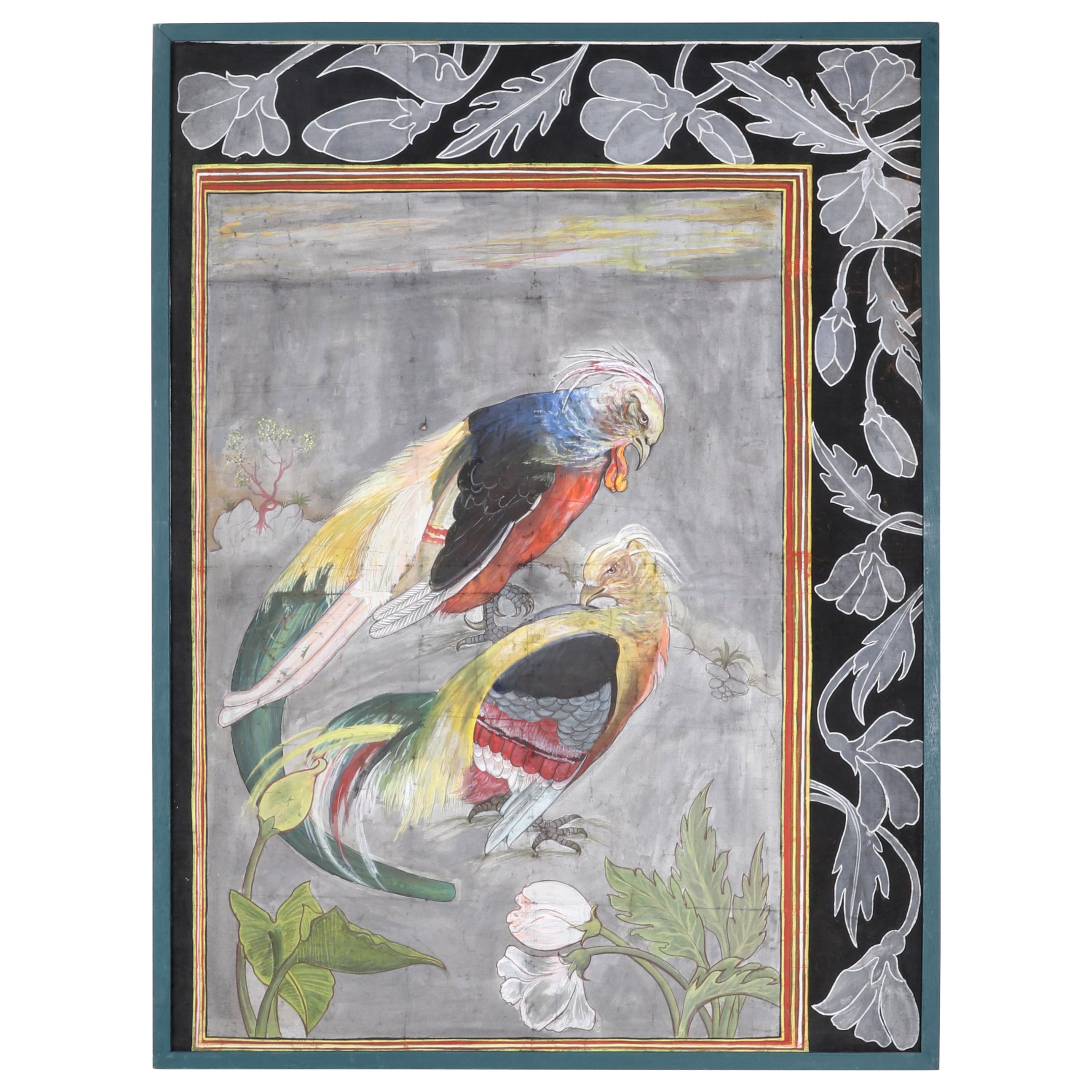 Cuadro Pintado a Mano De Aves Con Cenefa Años, 1970