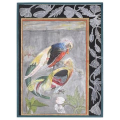 Cuadro Pintado a Mano De Aves Con Cenefa Años, 1970