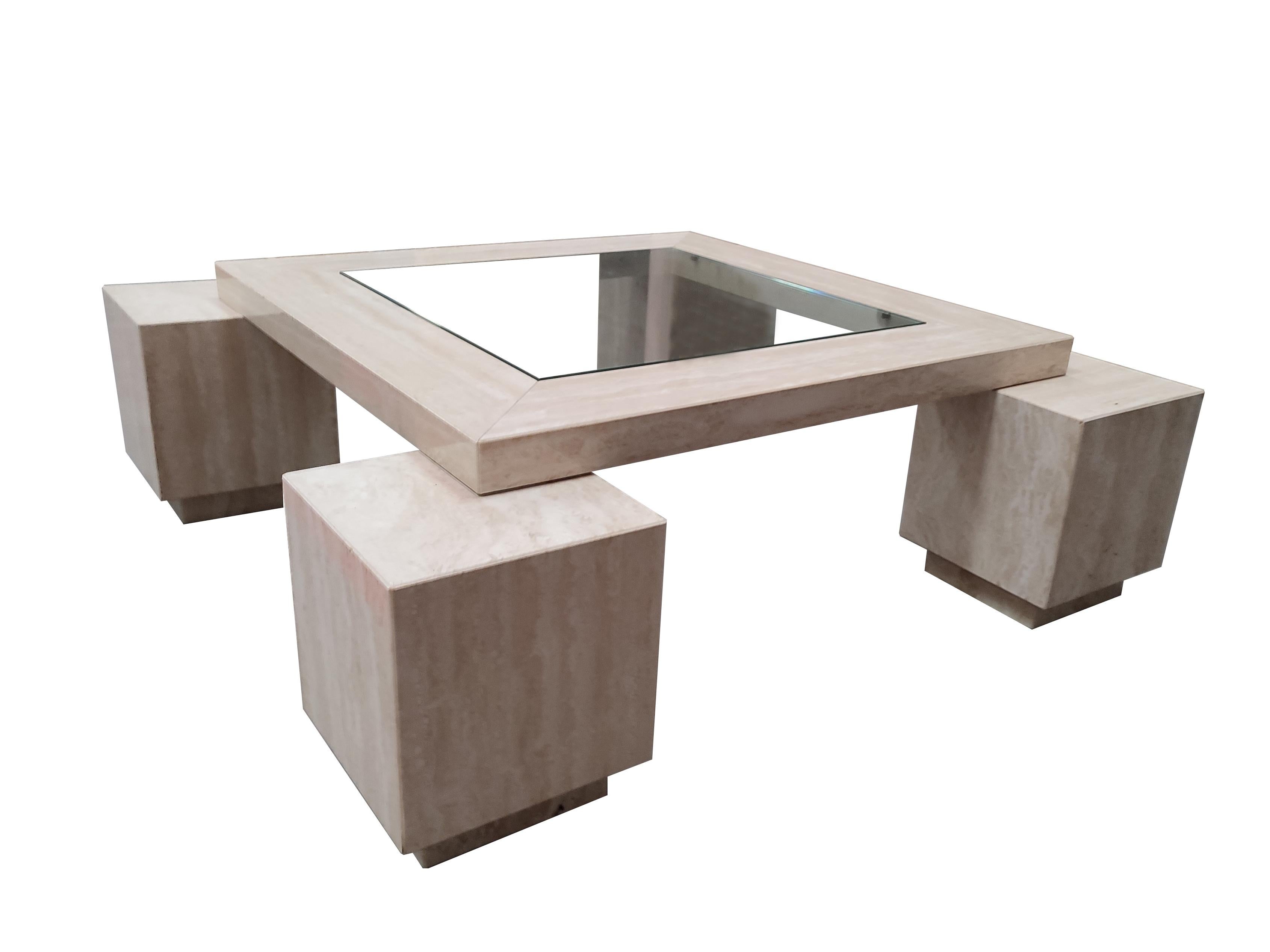 Late 20th Century CUADROS MidCentury Polished Travertine Marble Coffee Table Original 80's Piece For Sale