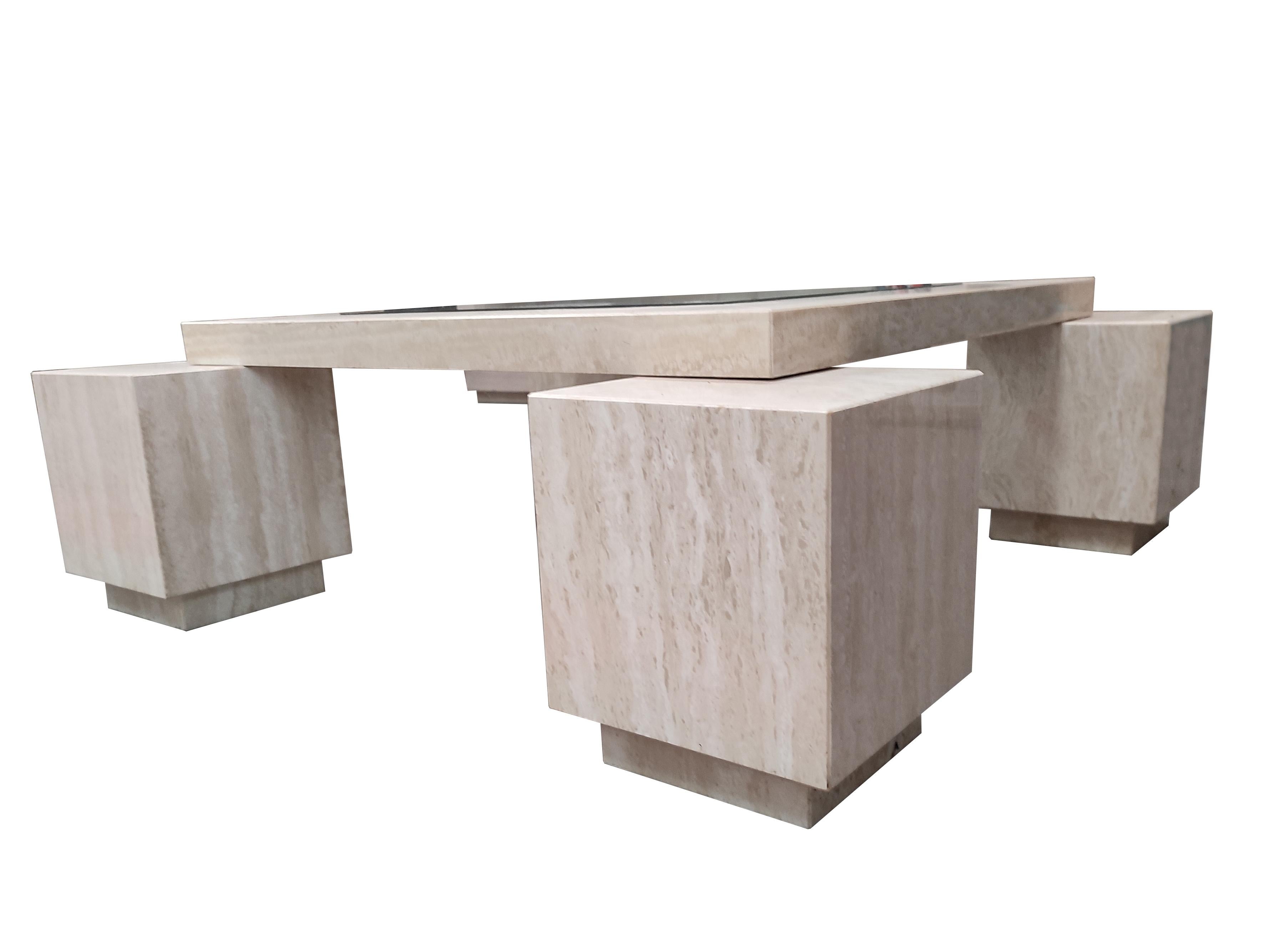 Crystal CUADROS MidCentury Polished Travertine Marble Coffee Table Original 80's Piece For Sale